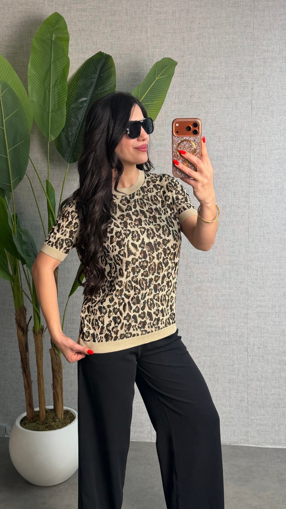 Besta Ekru Leopar Bisiklet Yaka Bluz