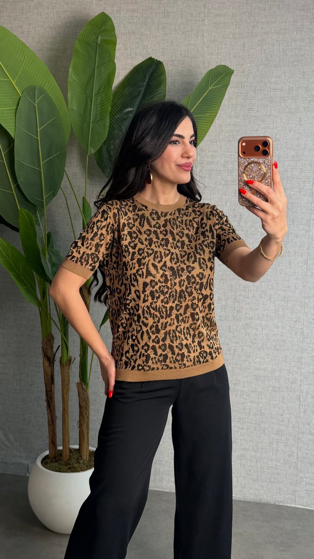 Besta Sütlü Kahverengi Leopar Bisiklet Yaka Bluz
