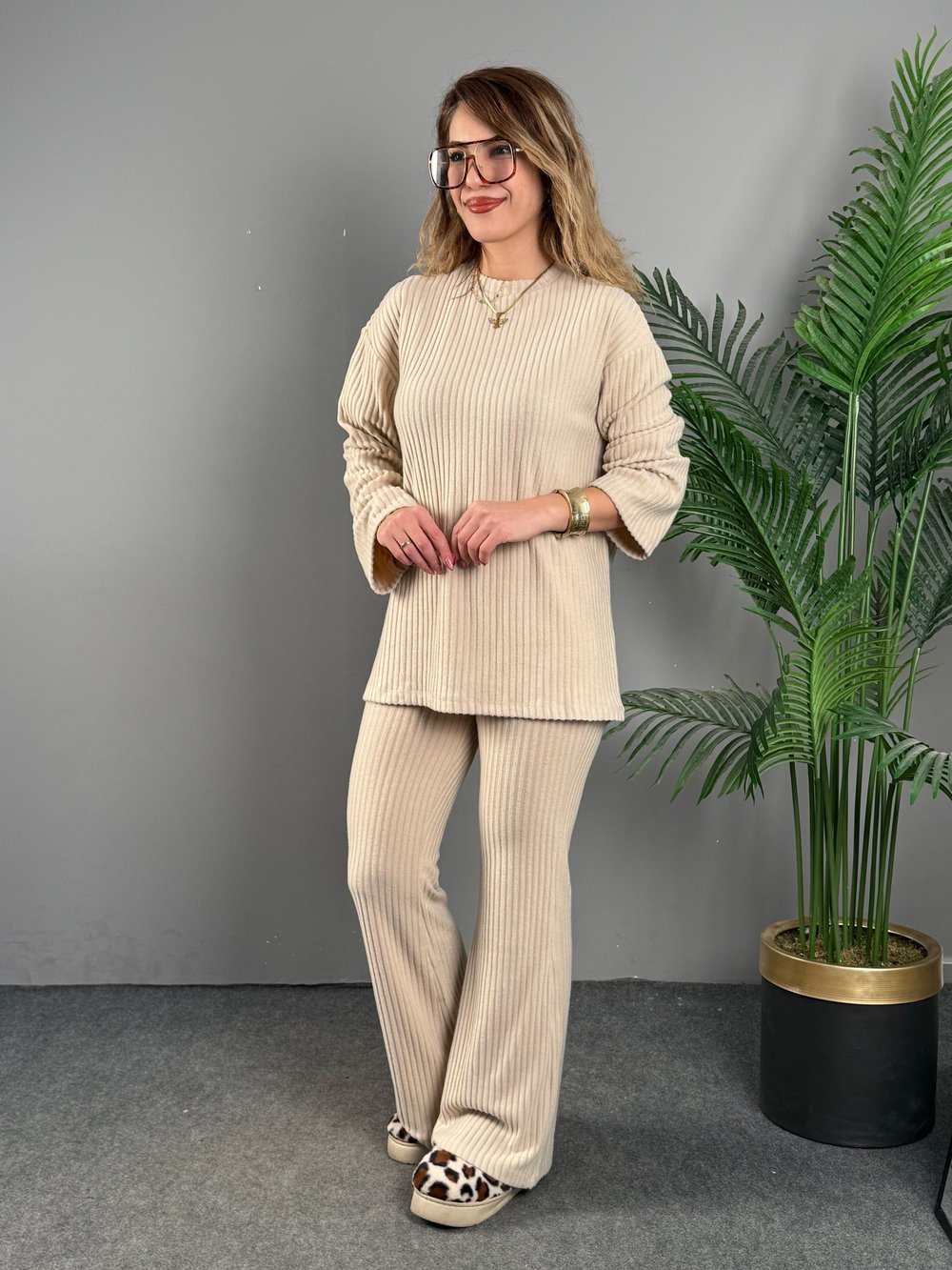Birdena Fitilli Bej Triko İkili Takım