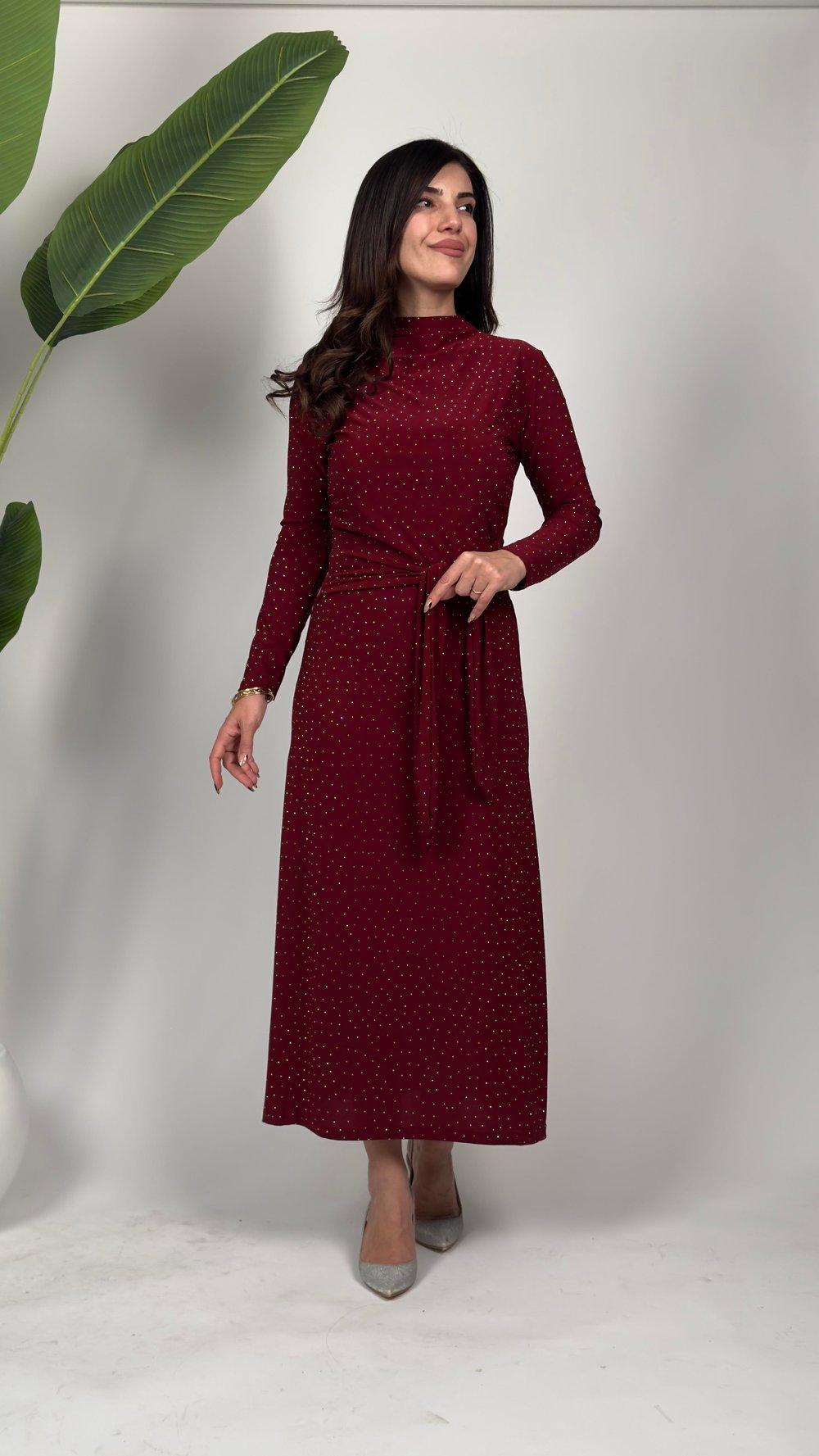 Brica  Bordo Taşlı Yandan Bağlamalı Sandy Elbise