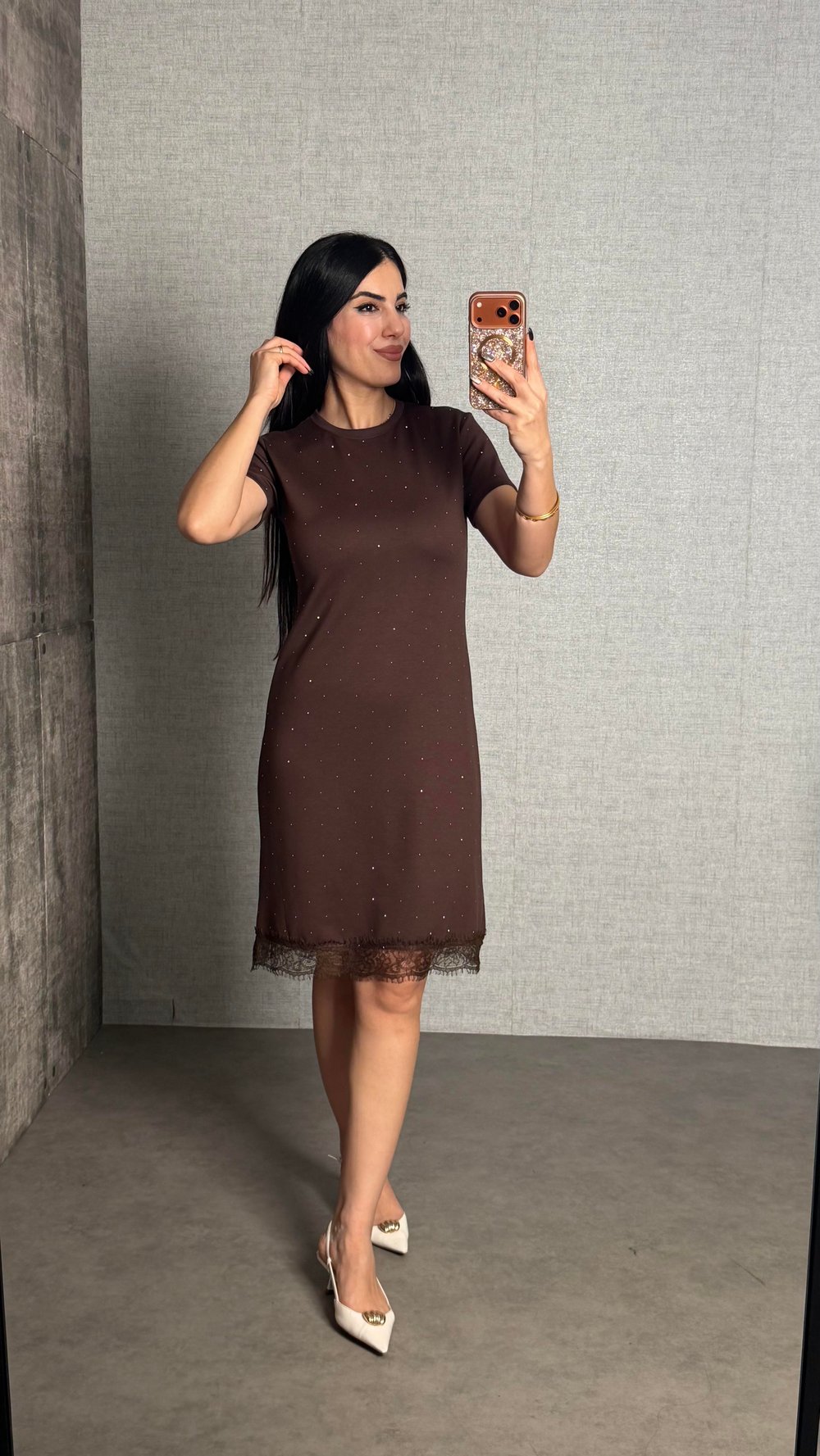 Caro Kahverengi Taşlı Basic Modal Elbise