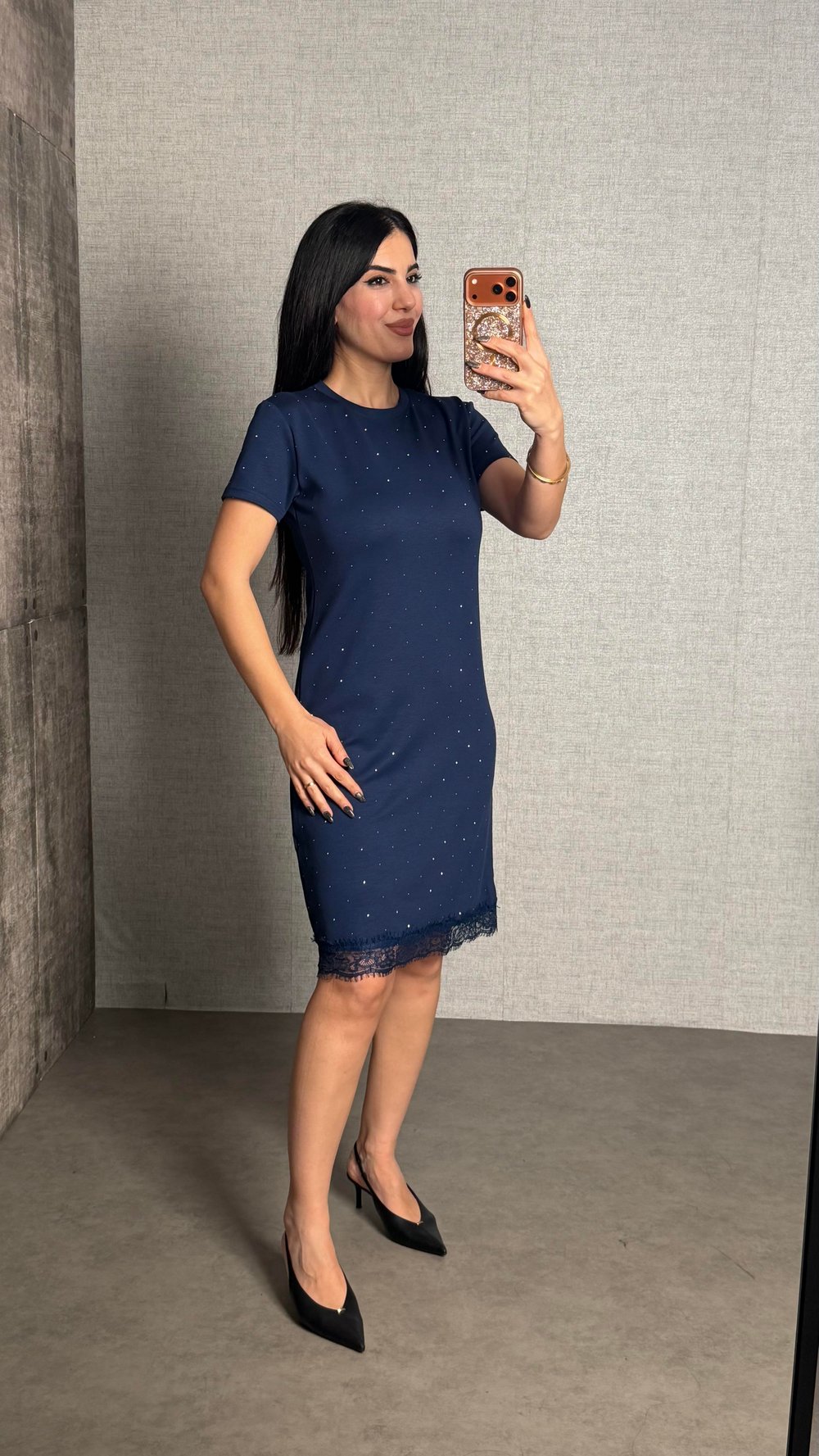 Caro Lacivert Taşlı Basic Modal Elbise