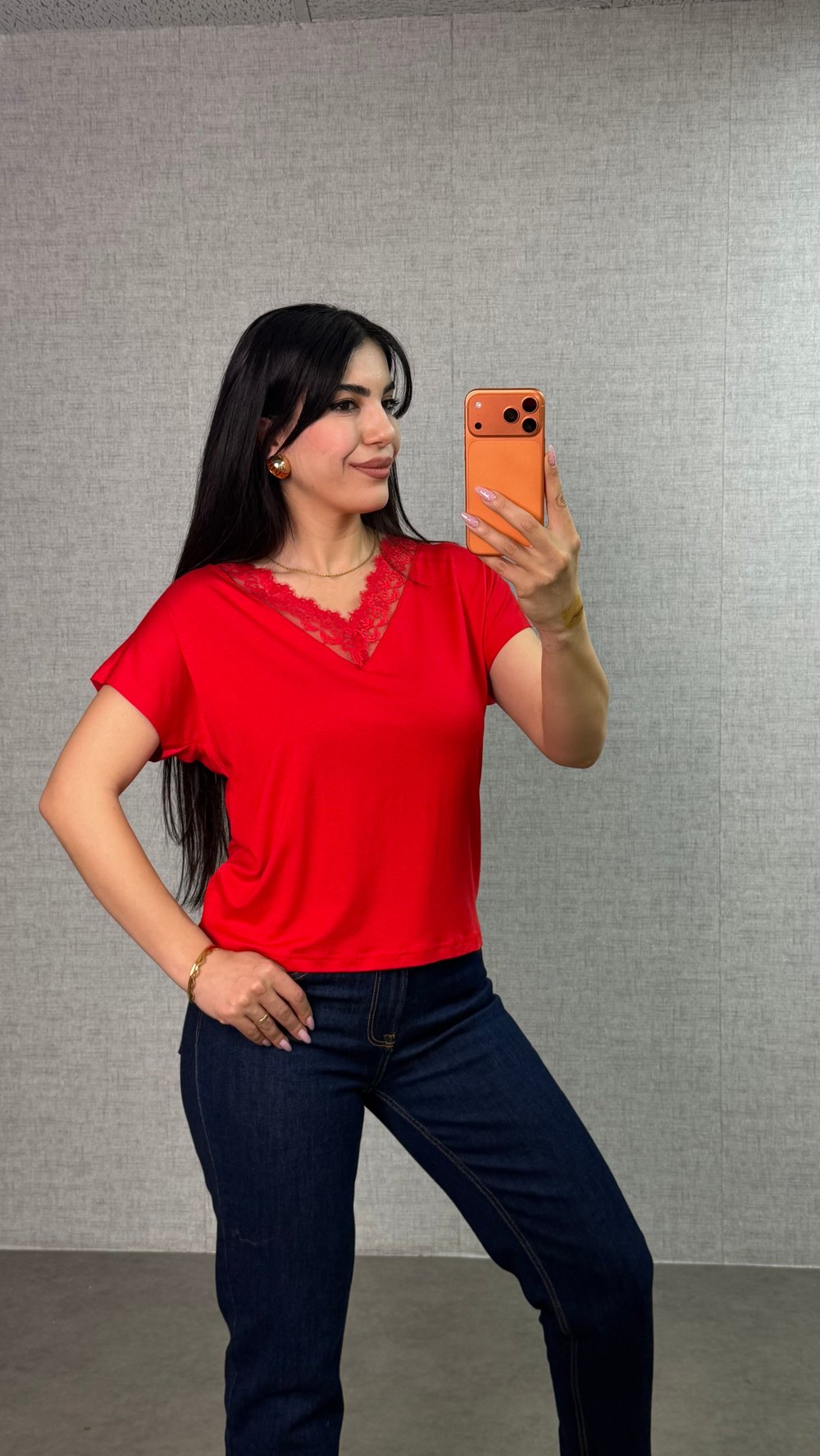 Celes Kırmızı V Yaka Dantelli Bluz
