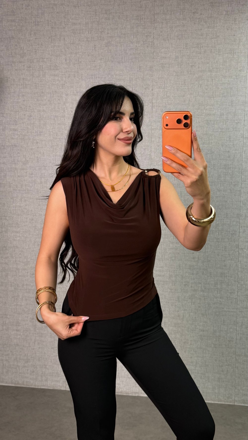 Cely Kahverengi Omuzu Tokalı Bluz