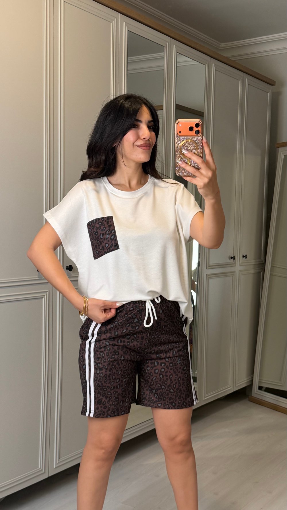Cindy Beyaz Leopar Şortlu İkili Takım