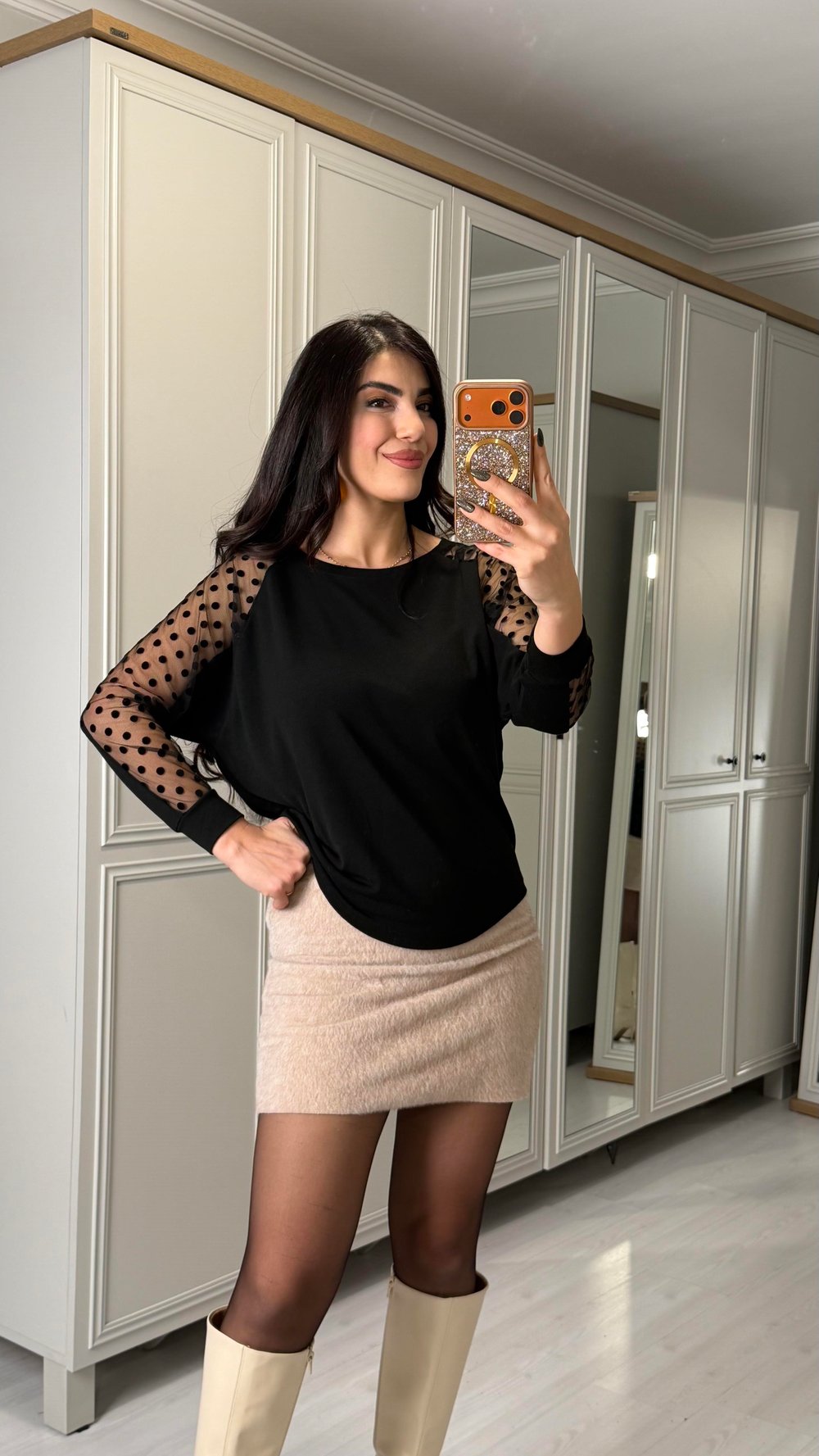 Dablin Siyah Yarasa Kol Puantiyeli Bluz