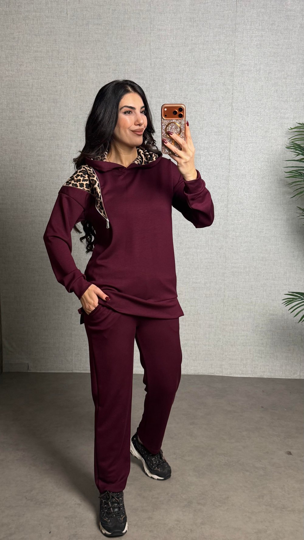 Doen Bordo Omuzu Leopar Desenli İkili Takım