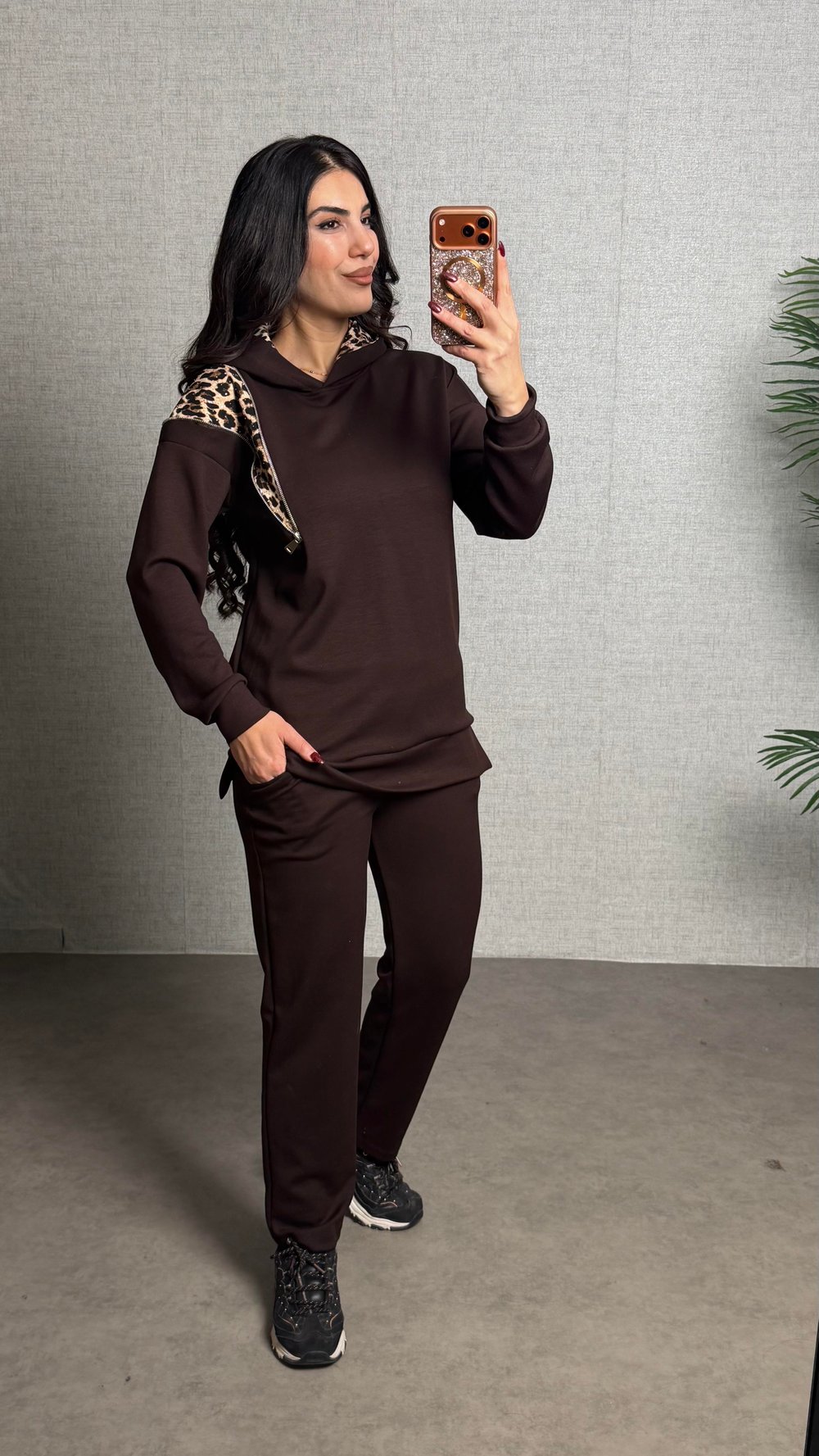 Doen Kahverengi Omuzu Leopar Desenli İkili Takım