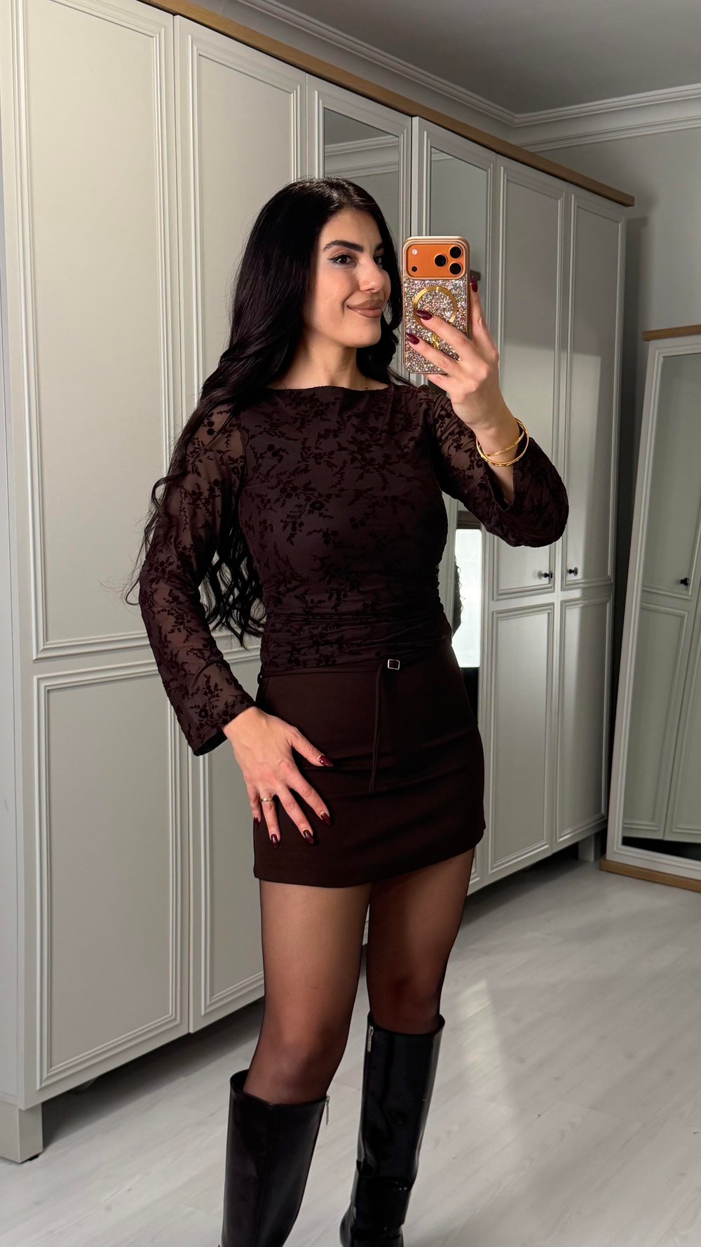 Dorin Kahverengi Dantel Desenli Astarlı Bluz