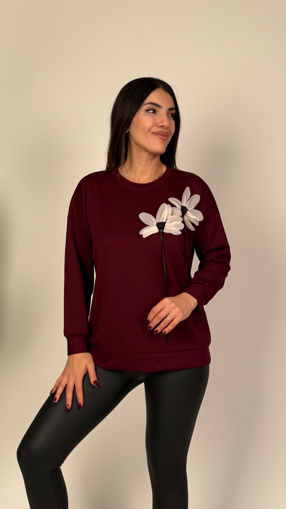 Emma Bordo Çiçekli Modal Sweatshirt 