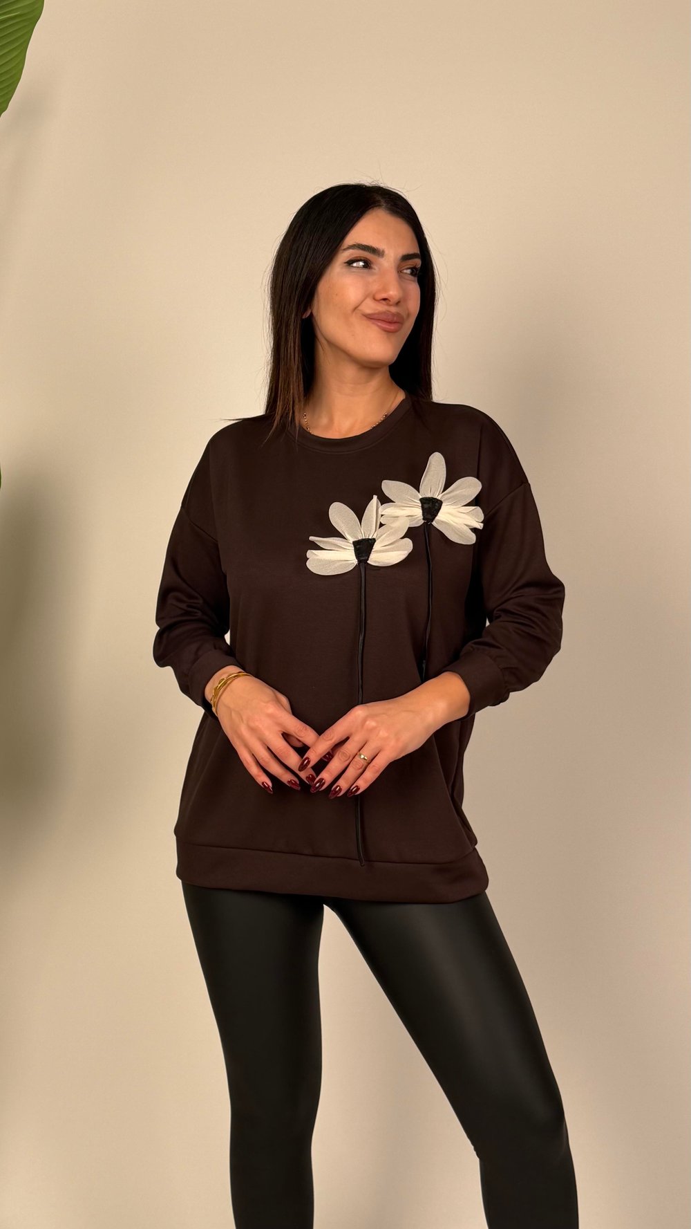 Emma Kahverengi Çiçekli Modal Sweatshirt 