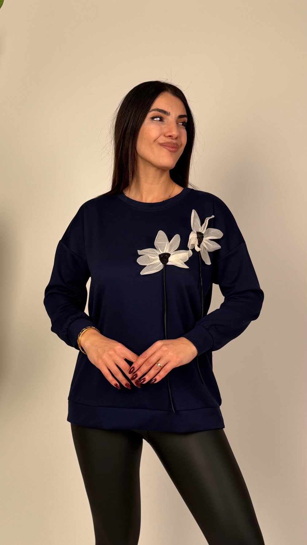 Emma Lacivert Çiçekli Modal Sweatshirt 
