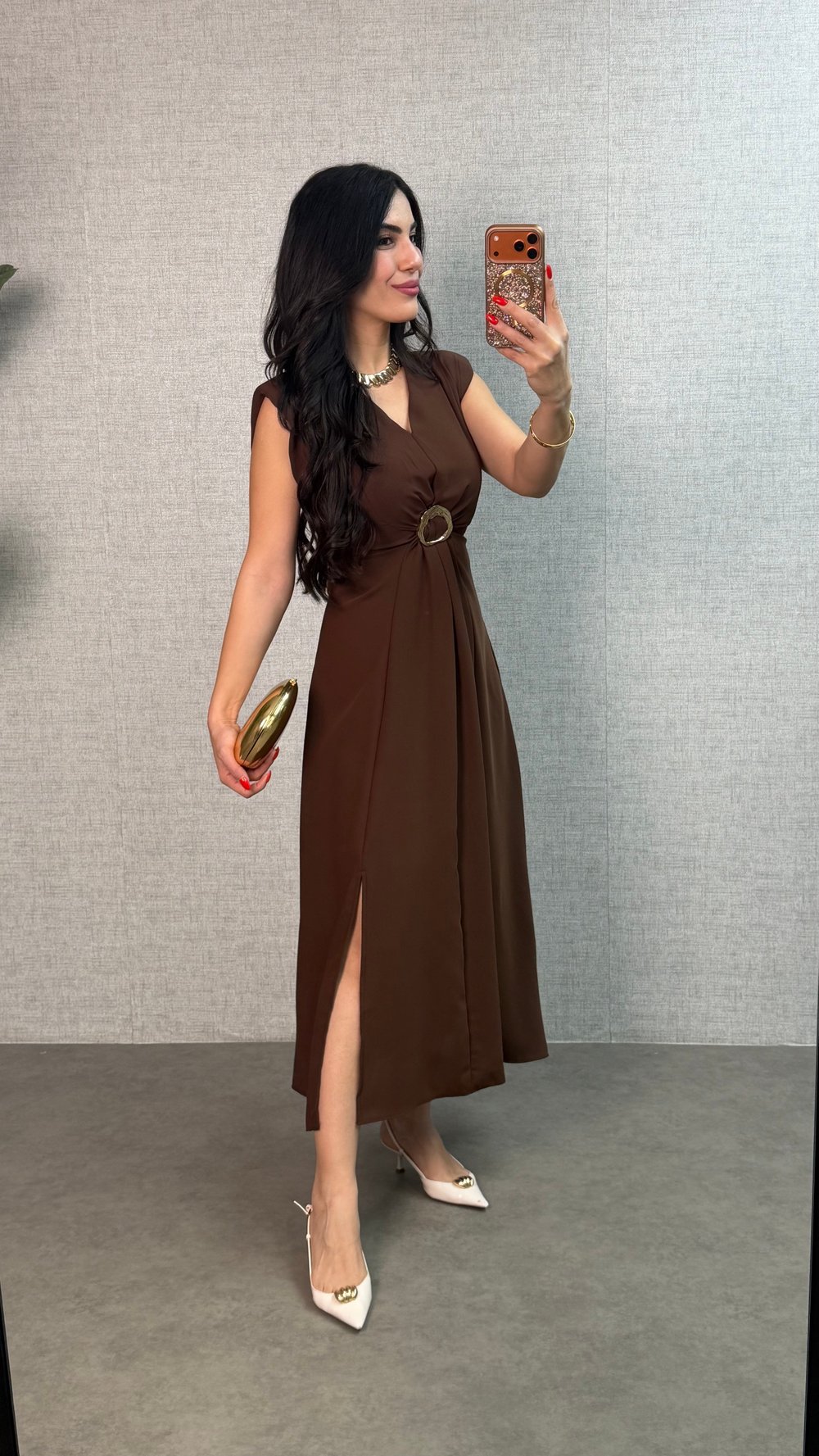 Enya Kahverengi Vatkalı Gold Tokalı Crep Elbise