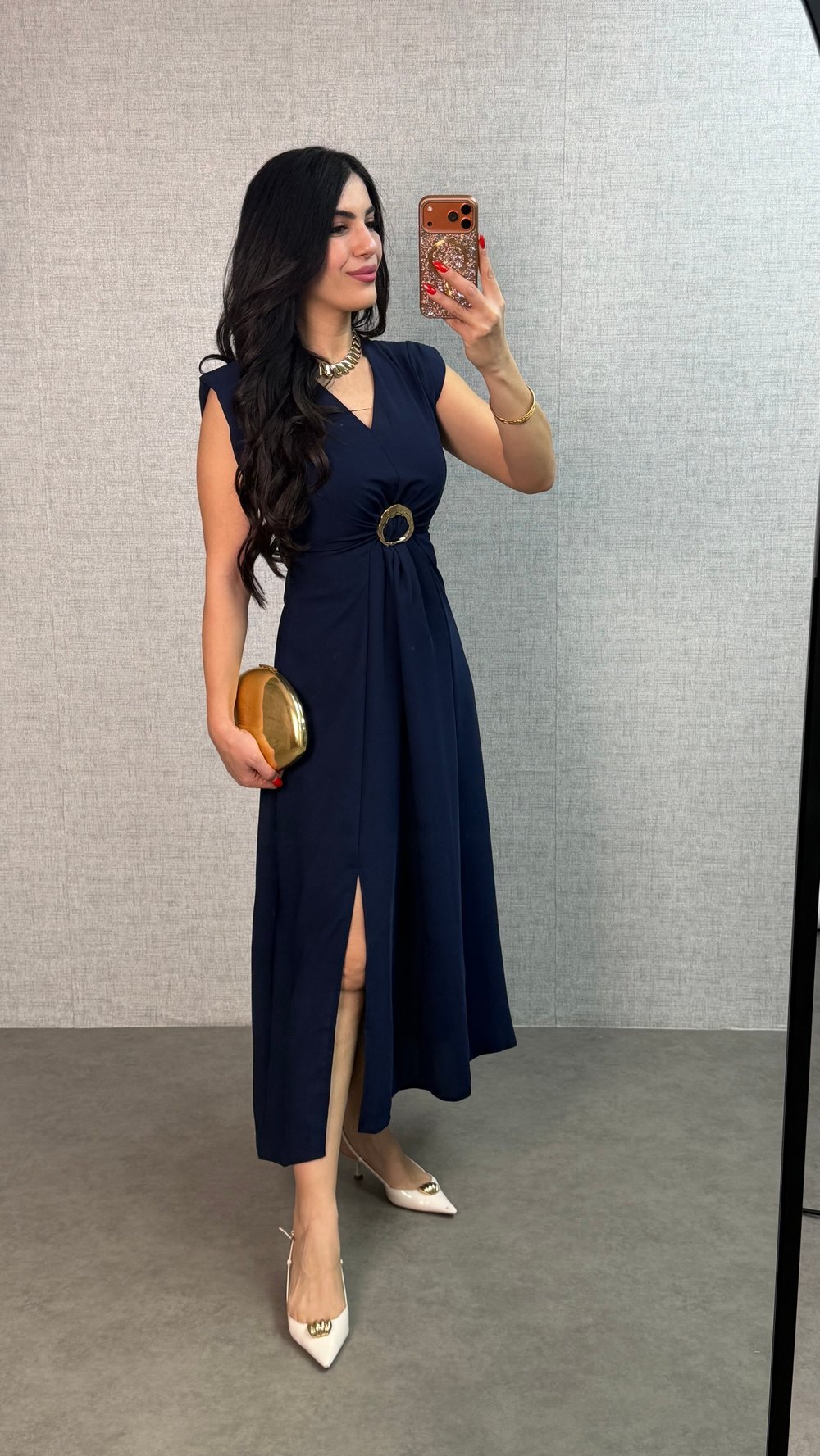 Enya Lacivert Vatkalı Gold Tokalı Crep Elbise