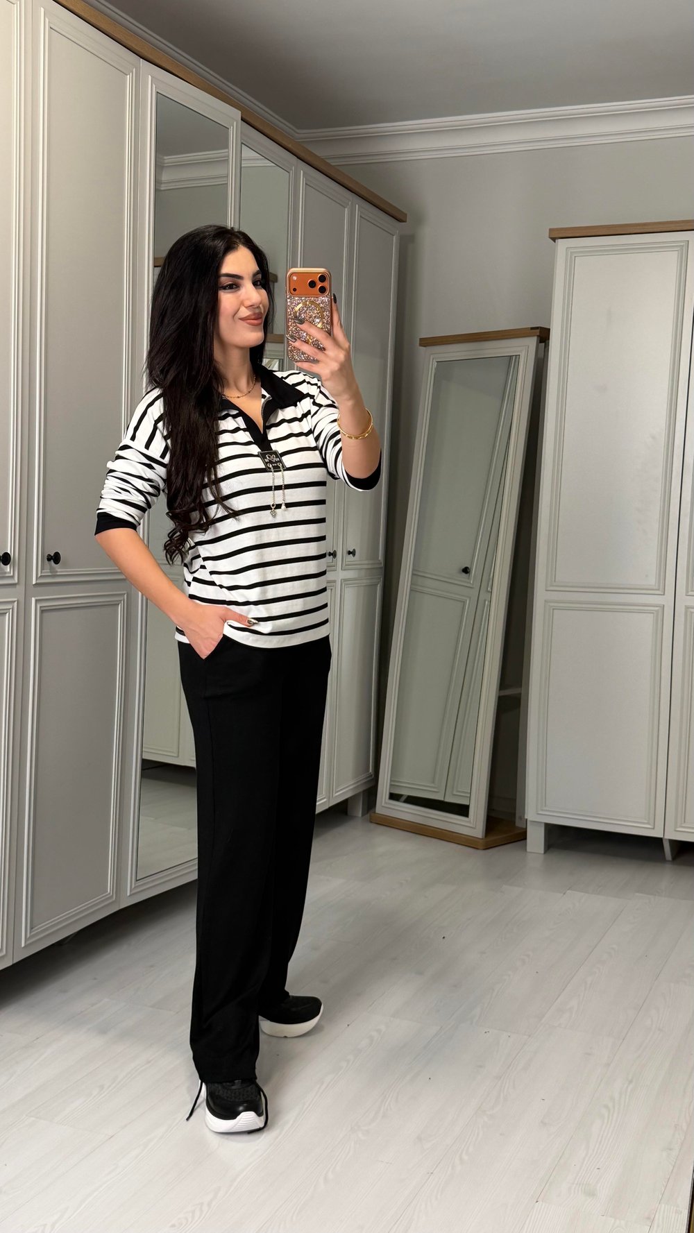 Eva Beyaz Çizgili Polo Yaka İkili Takım