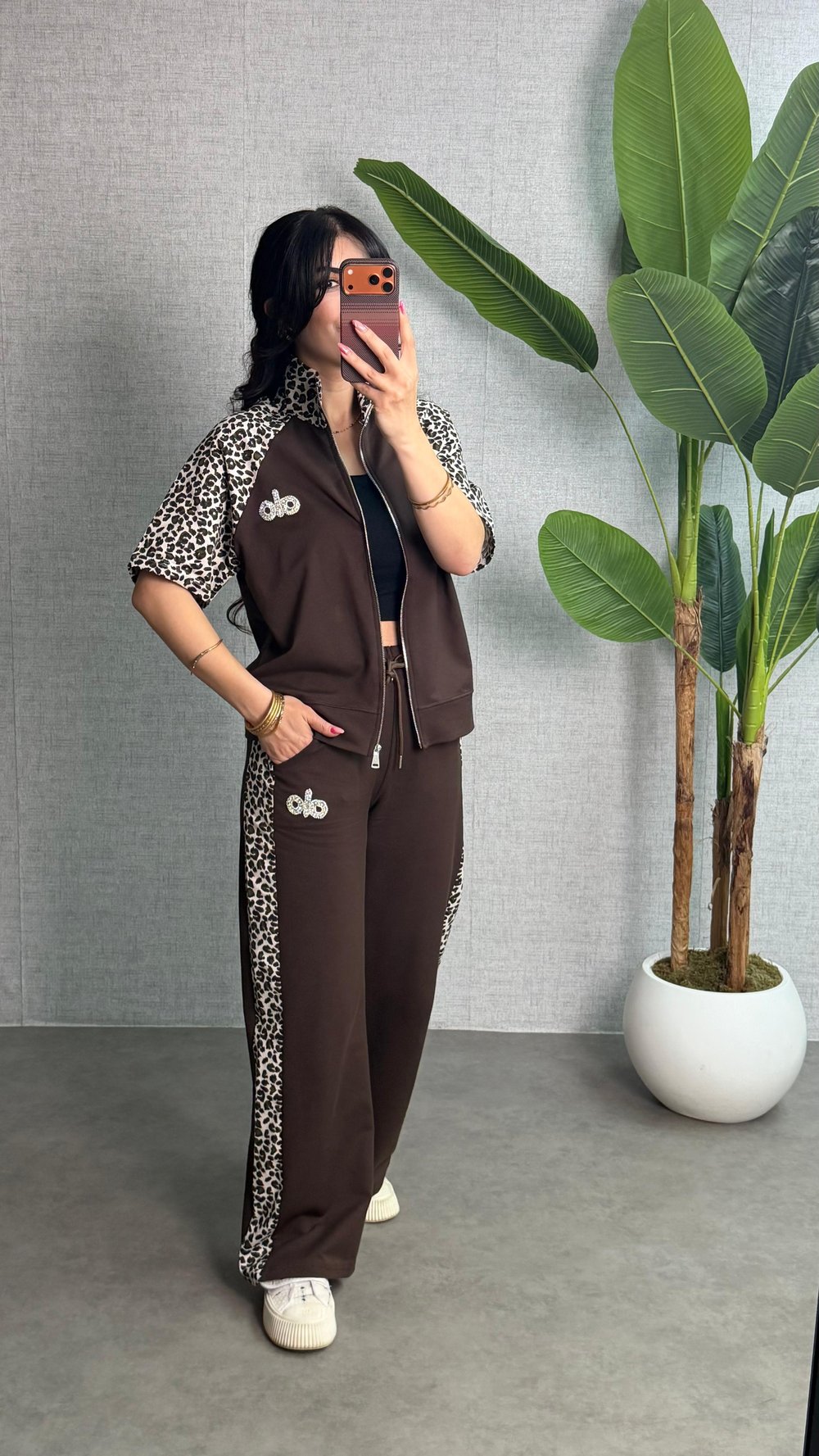 Fera Kahverengi Taşlı Leopar İkili Takım