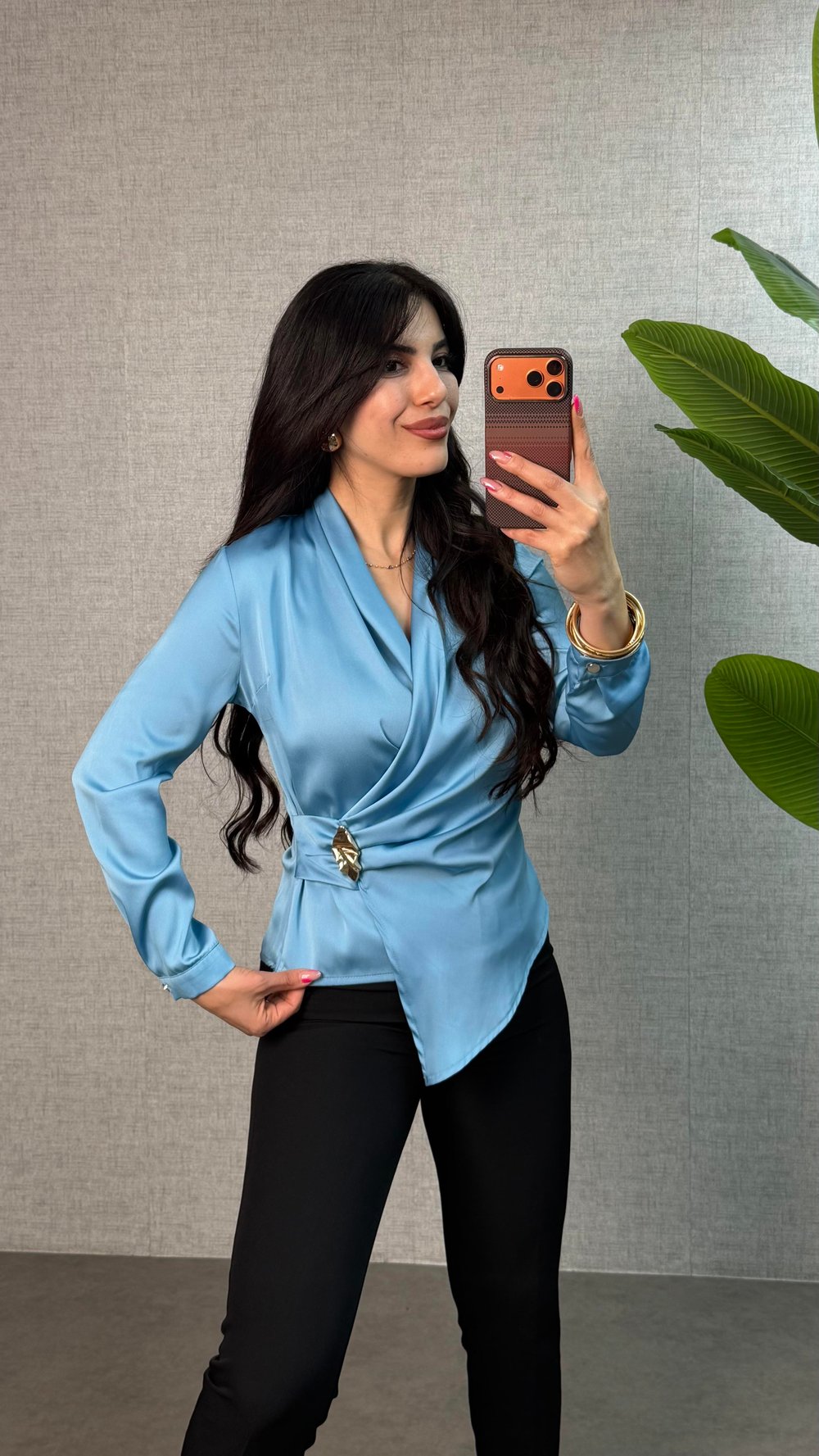 Fery Mavi Kruvaze Gold Tokalı Bluz