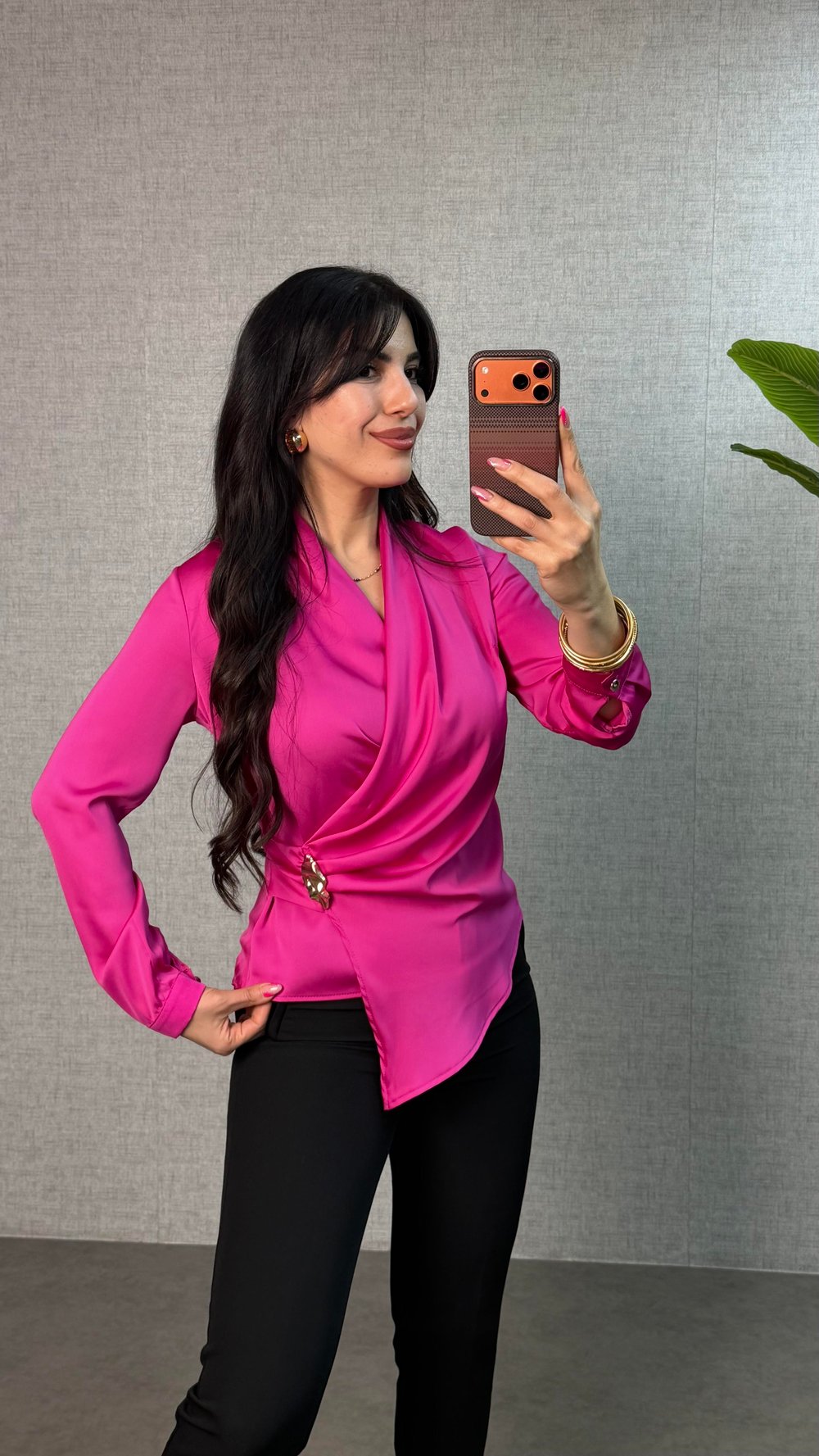 Fery Pembe Kruvaze Gold Tokalı Bluz