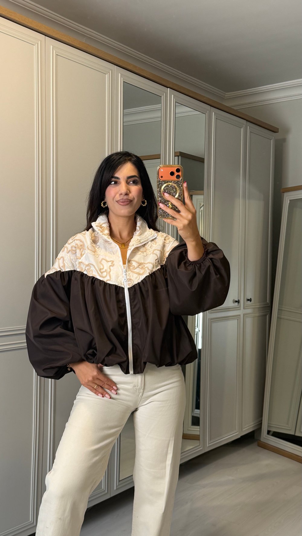 Fily Acı Kahverengi Nakışlı Bomber Ceket