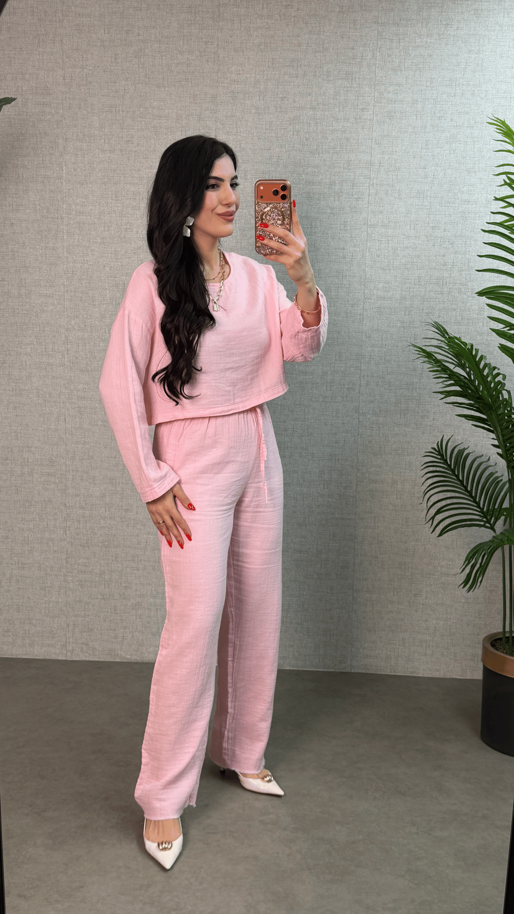 Fluss Pembe Keten Uzun Kollu İkili Takım