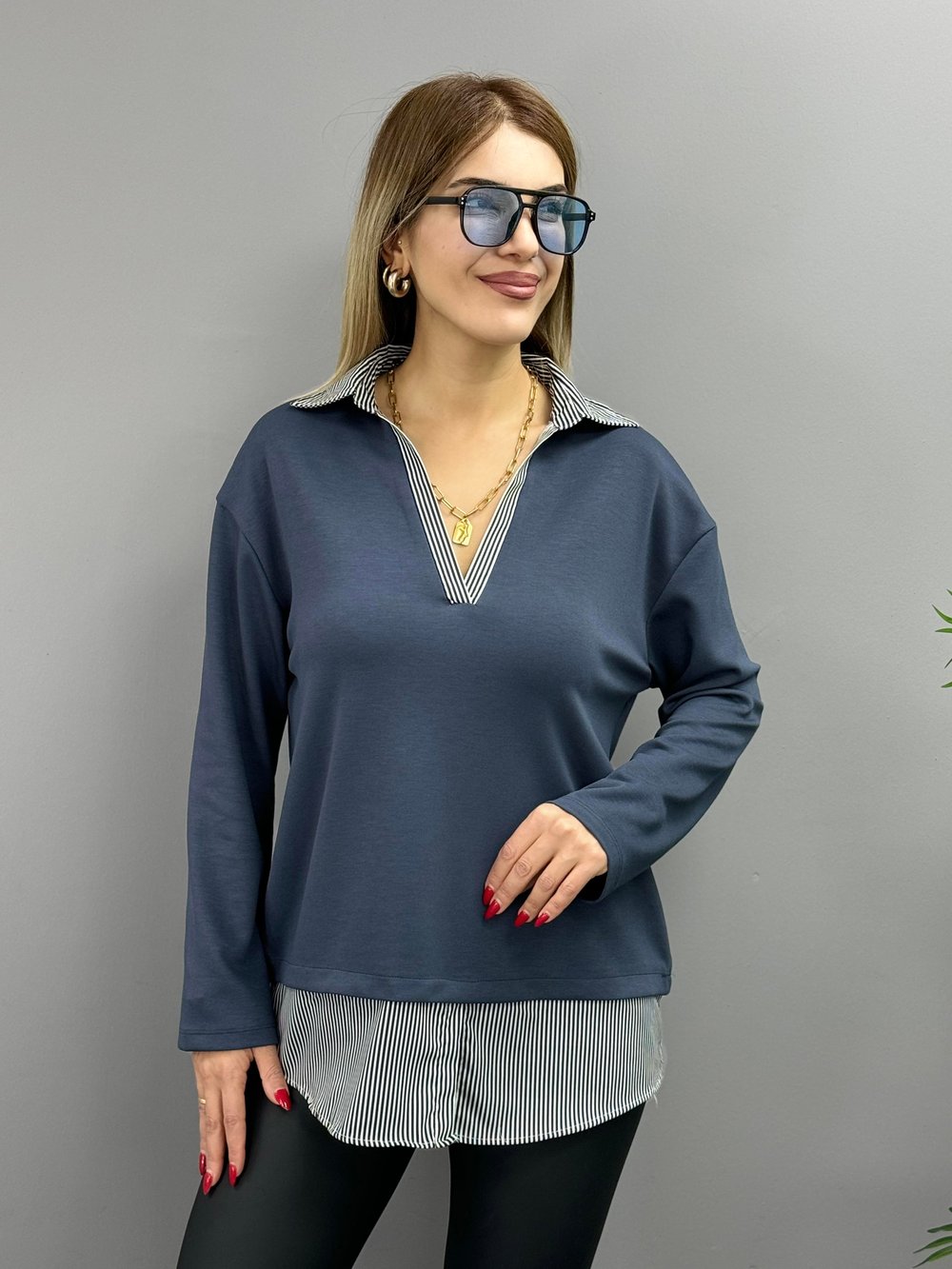 Fone Füme Gömlek Desenli Tasarım Bluz
