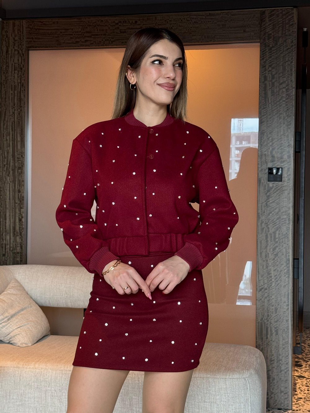 Goss Bordo Taşlı Etekli Takım