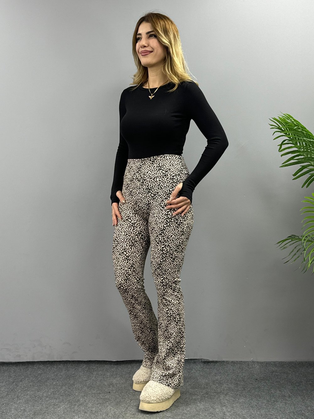 Hett Oys Leopar İspanyol Paça Tayt Pantolon