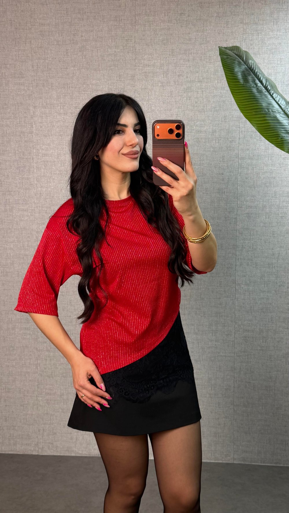 İvana Tasarım Kırmızı Dantelli Simli Bluz