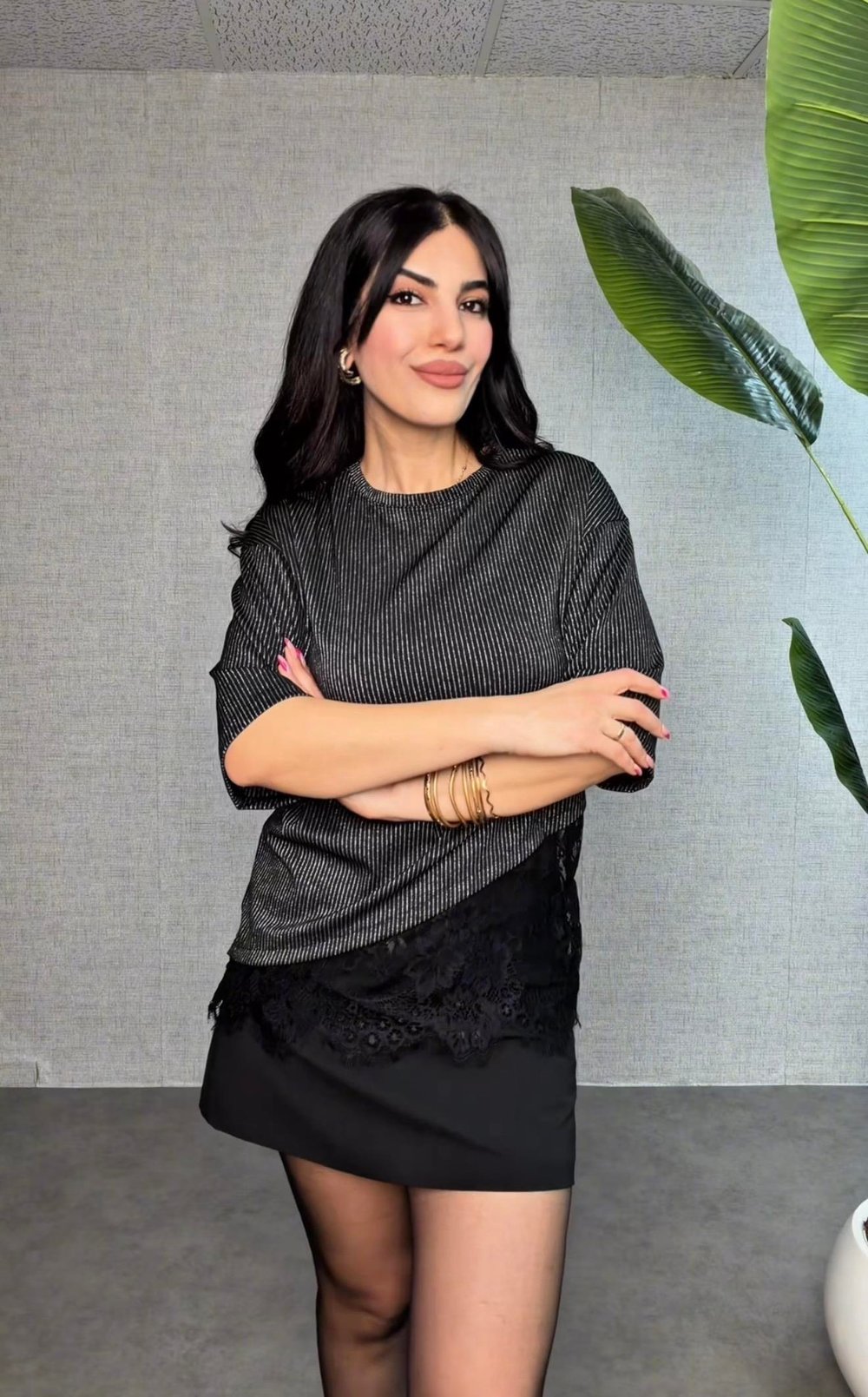 İvana Tasarım Siyah Dantelli Simli Bluz