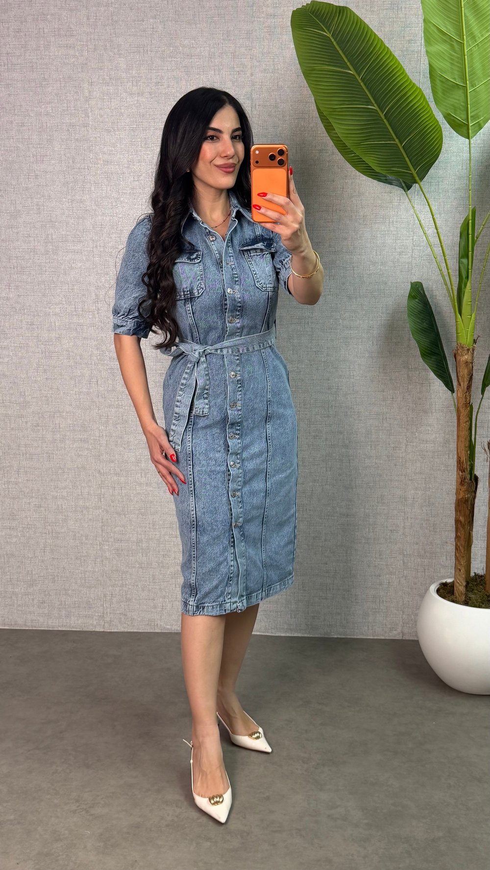 Jaon Beli Kuşaklı Cep Detaylı Denim Elbise