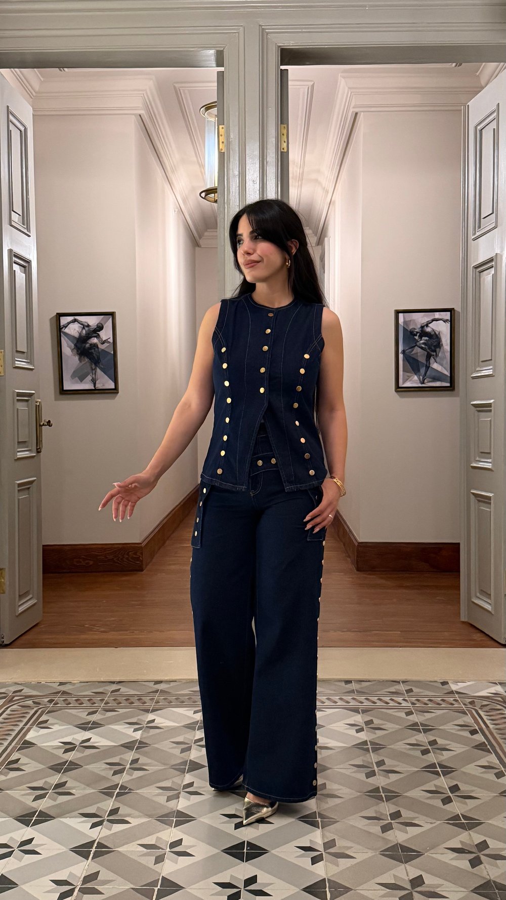 Lame Lacivert Gold Düğmeli Yelekli Denim Takım