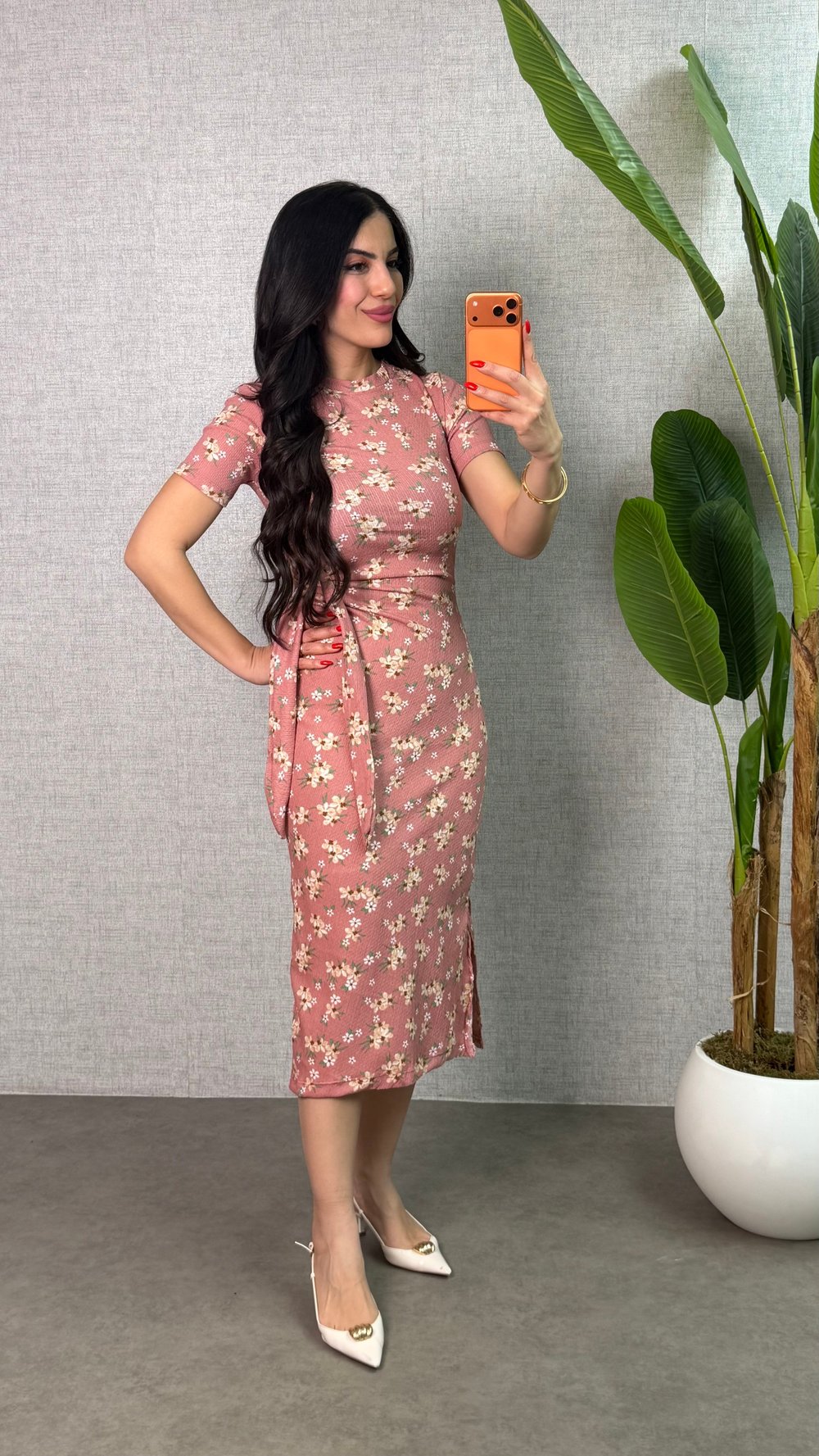 Lena Pembe Çiçekli Yandan Bağlamalı Elbise
