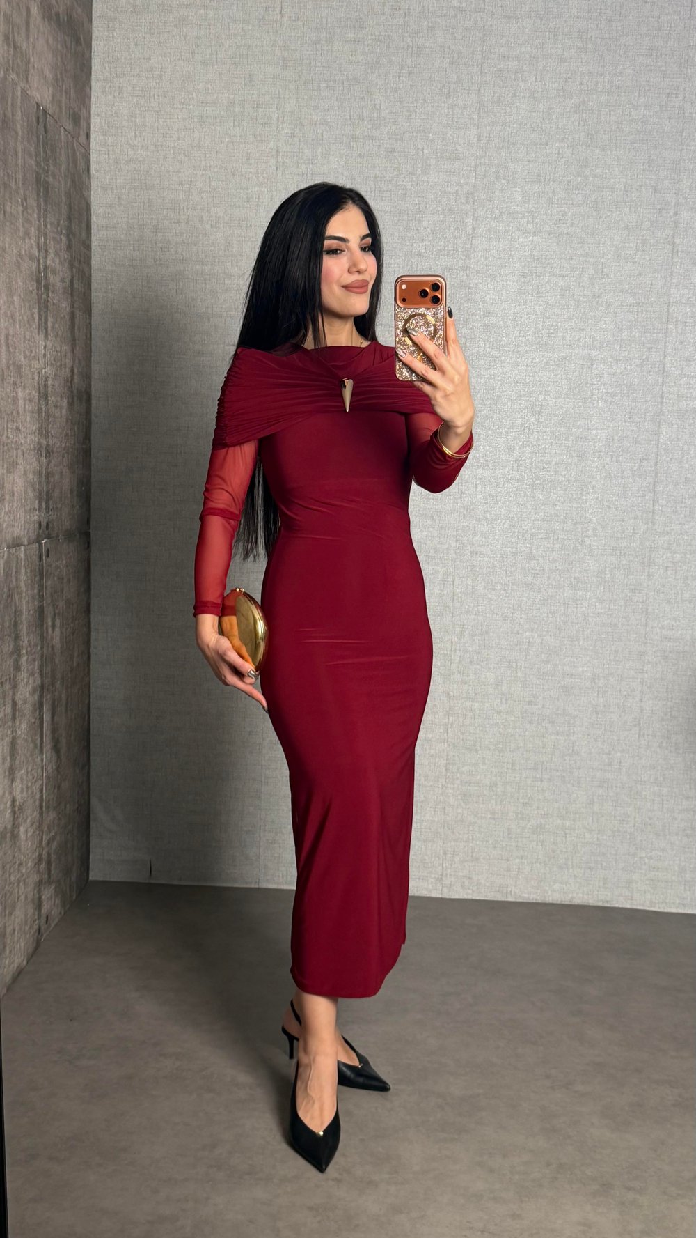 Linda Bordo Şal Yaka Gold Broşlu Sandy Elbise