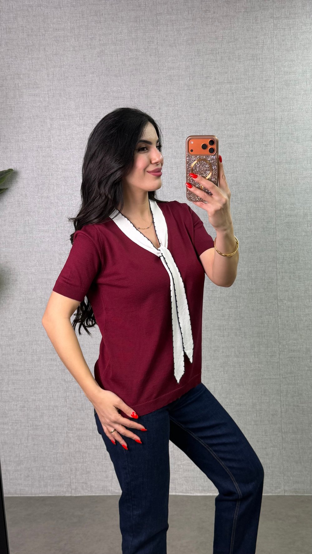 Lisa Bordo Yakalı Kısa Kollu Bluz