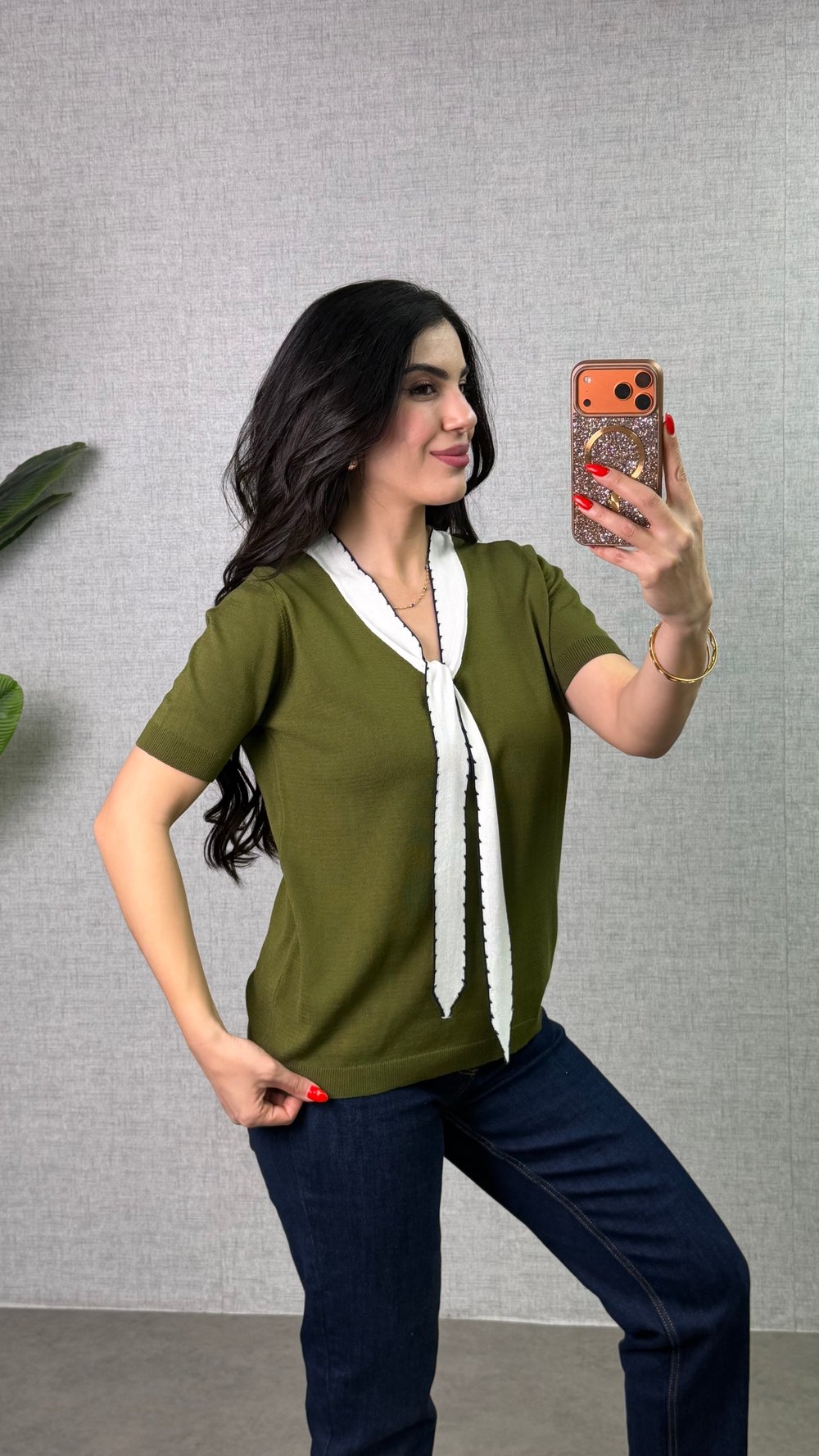 Lisa Yeşil Yakalı Kısa Kollu Bluz