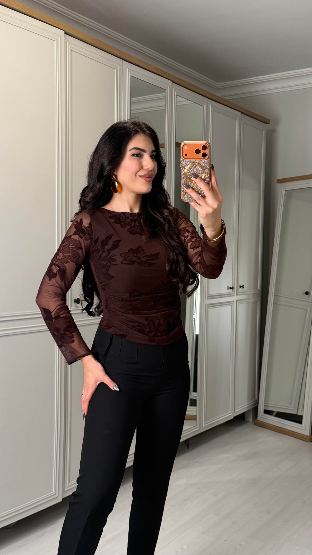 Lora Kahverengi Flok Tül Astarlı Bluz
