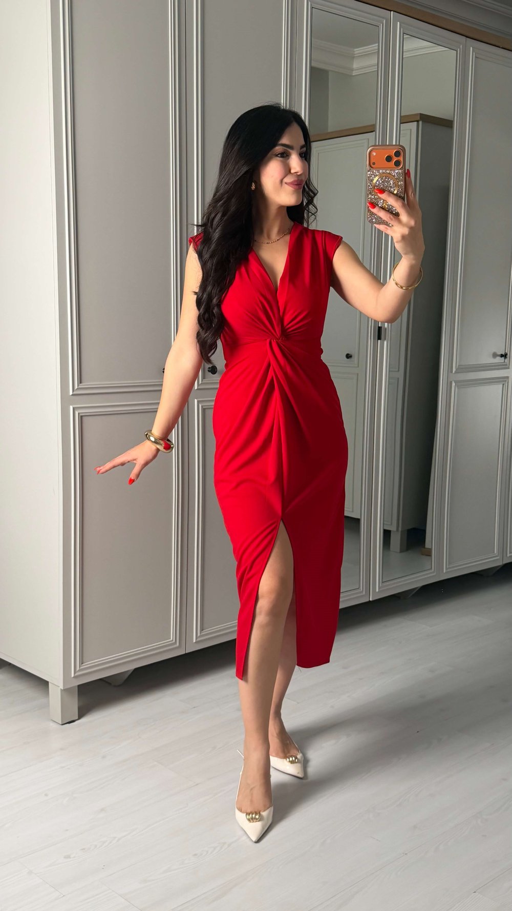 Lorena Kırmızı V Yaka Örme Crep Elbise