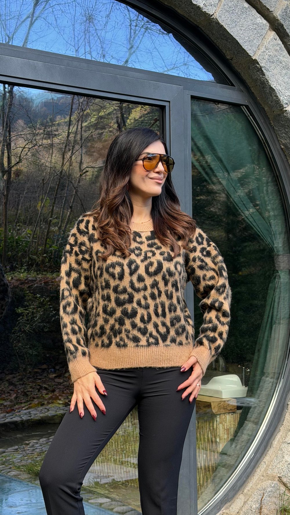 Madza Kahverengi Leopar Desenli Triko Kazak