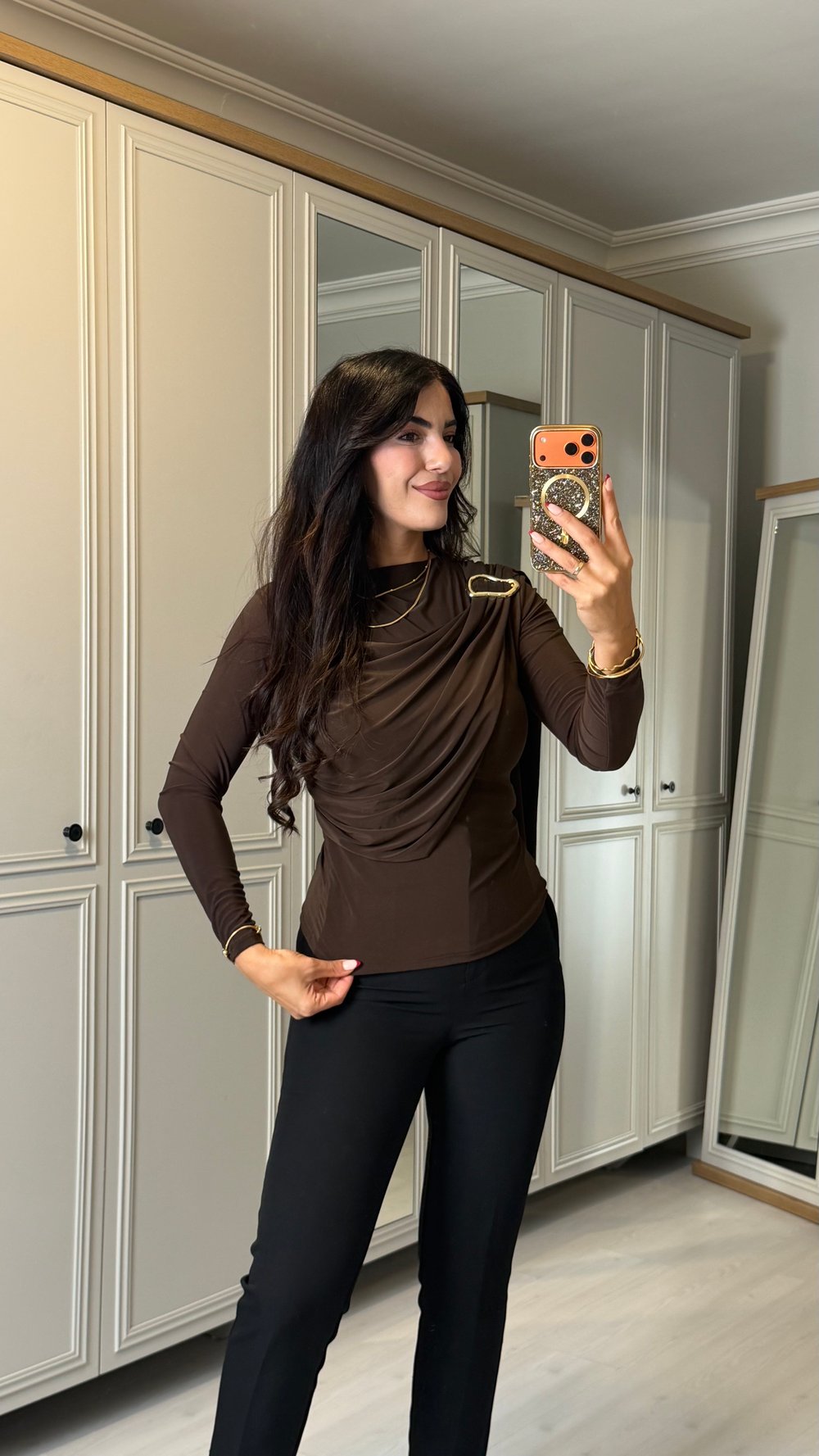 Maes Kahverengi Gold Tokalı Sandy Bluz