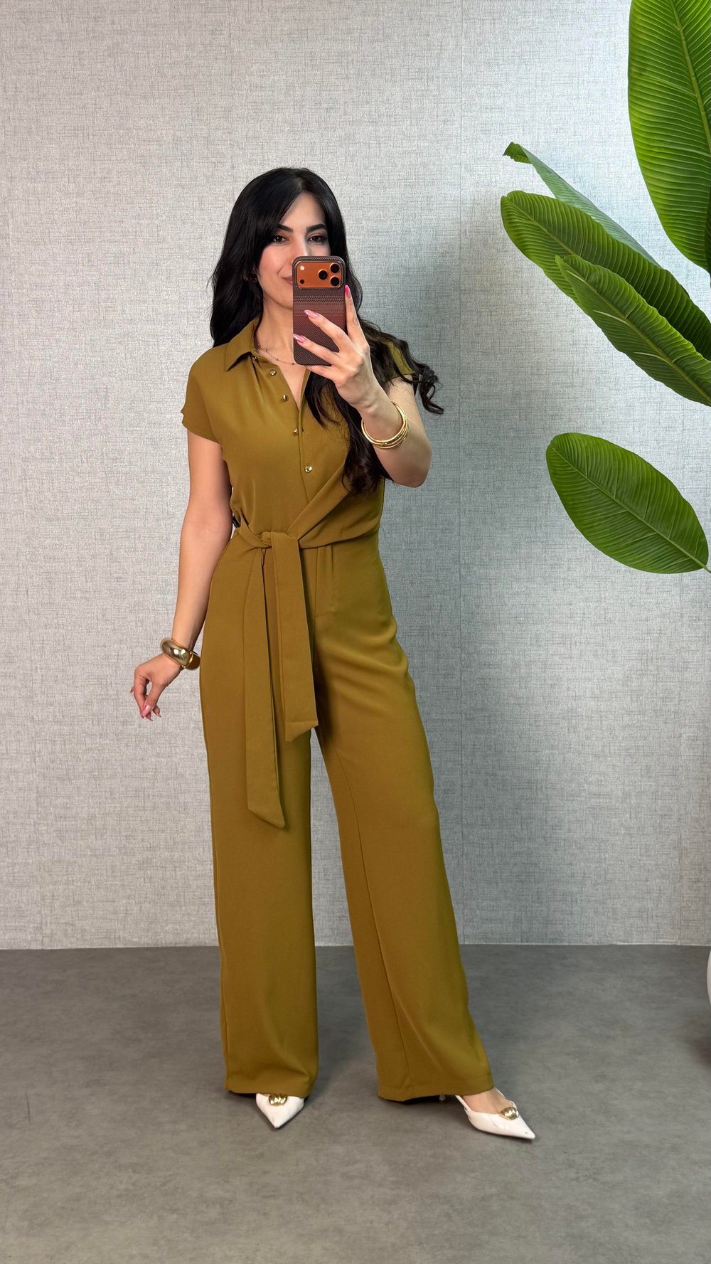 Miola Yağ Yeşili Bağlamalı Crep Tulum