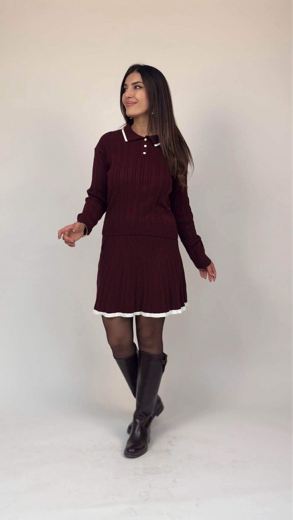 Misty Bordo Polo Yaka Etekli Triko Takım