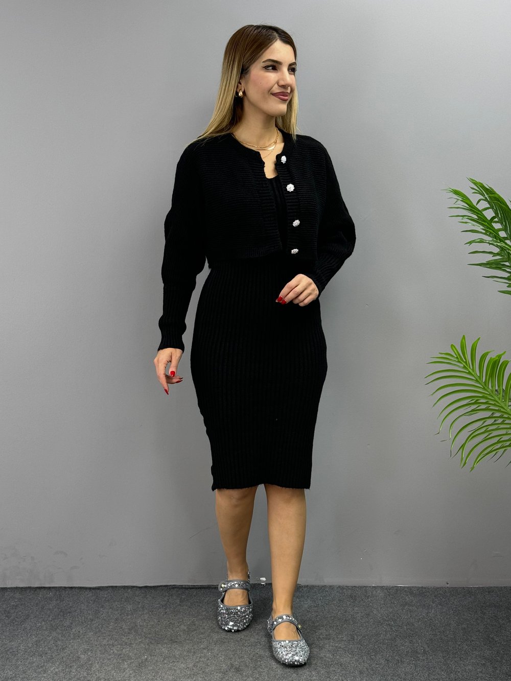 Monre Siyah Hırka Elbise İkili Takım