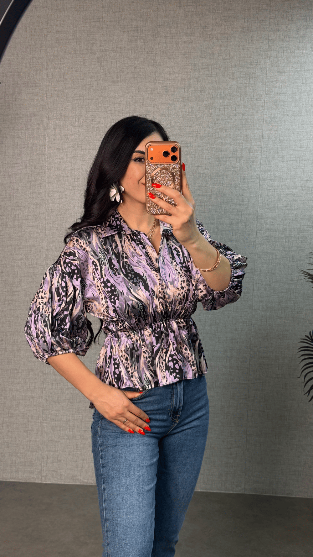 Mova Mor Desenli Saten Beli Lastikli Bluz