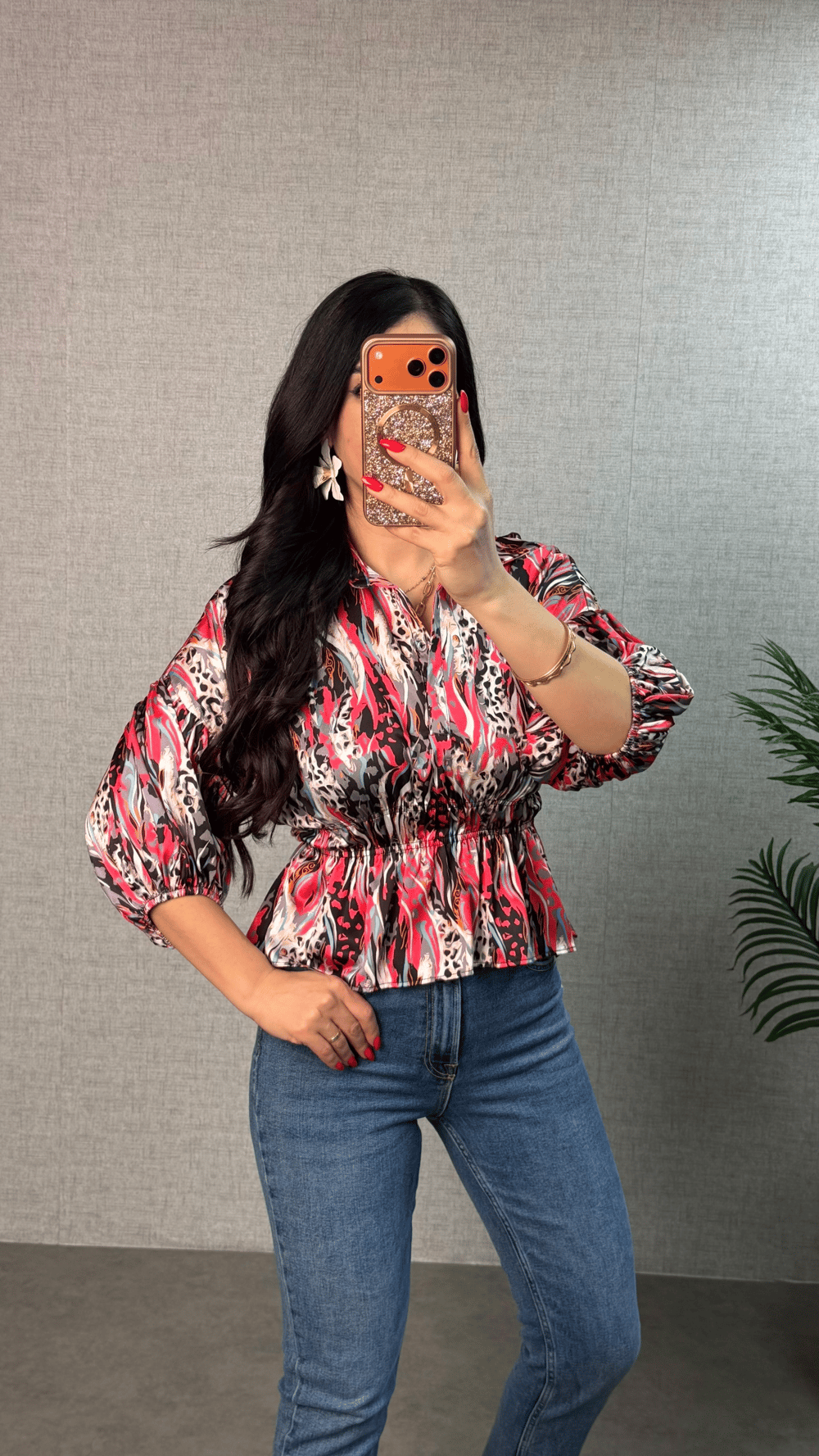 Mova Pembe  Desenli Saten Beli Lastikli Bluz