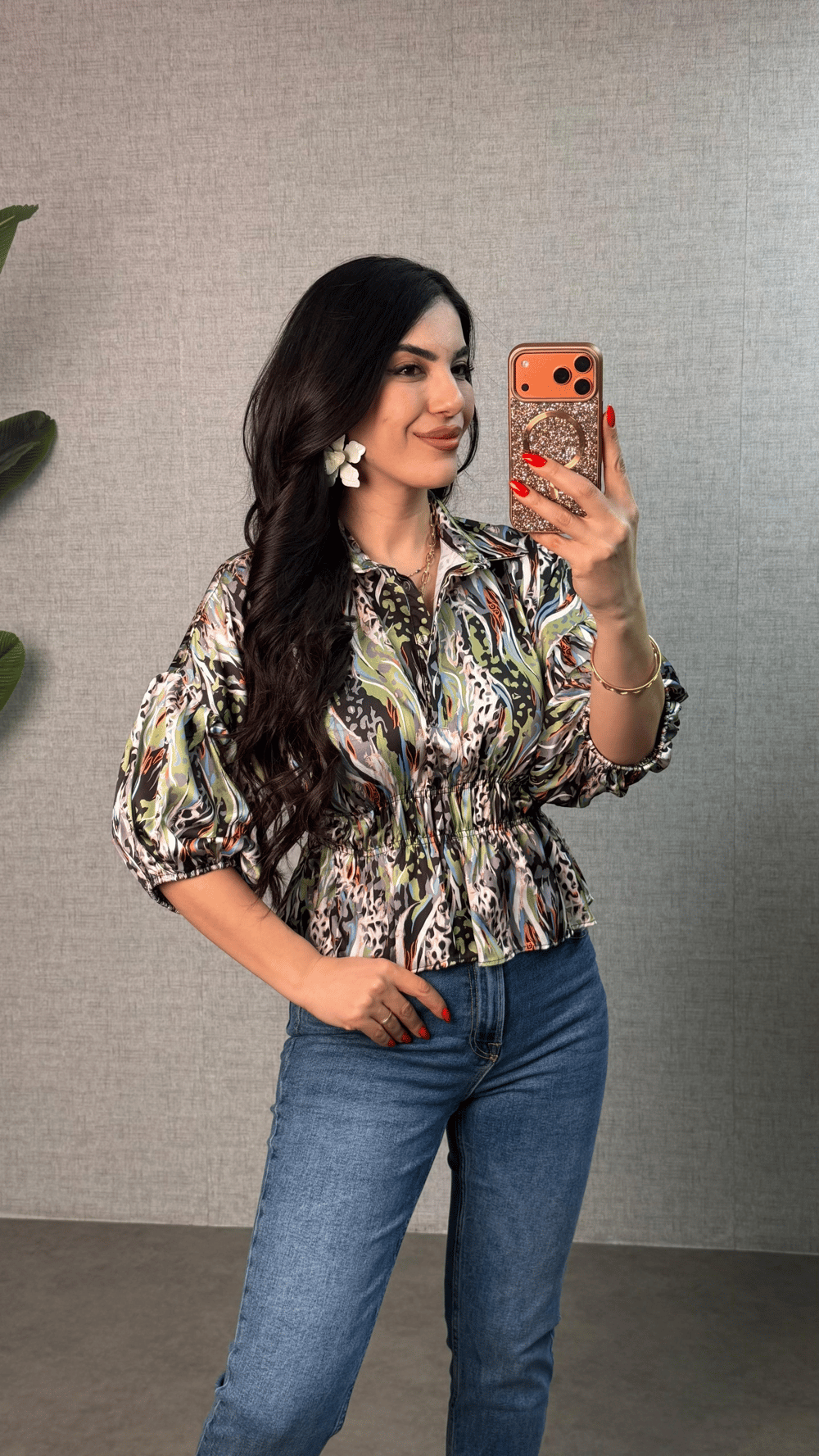 Mova Yeşil Desenli Saten Beli Lastikli Bluz