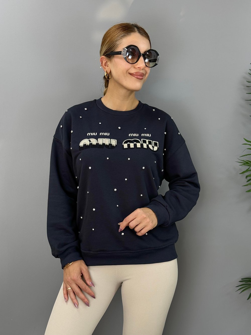 Muyi Antrasit Baskılı Taşlı SweatShirt
