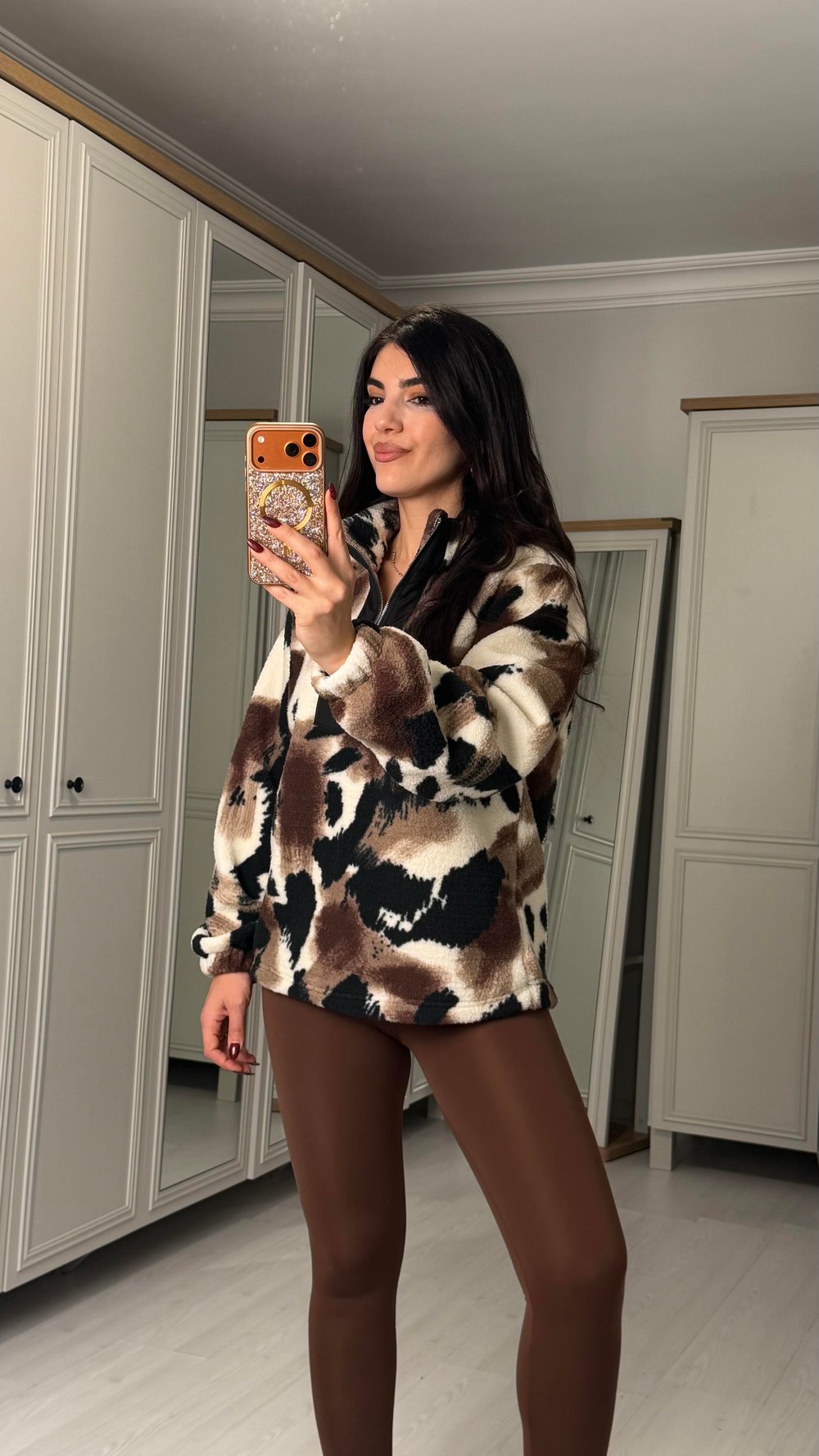 Nika Leopar Desenli Yarım Fermuarlı Polar Sweatshirt