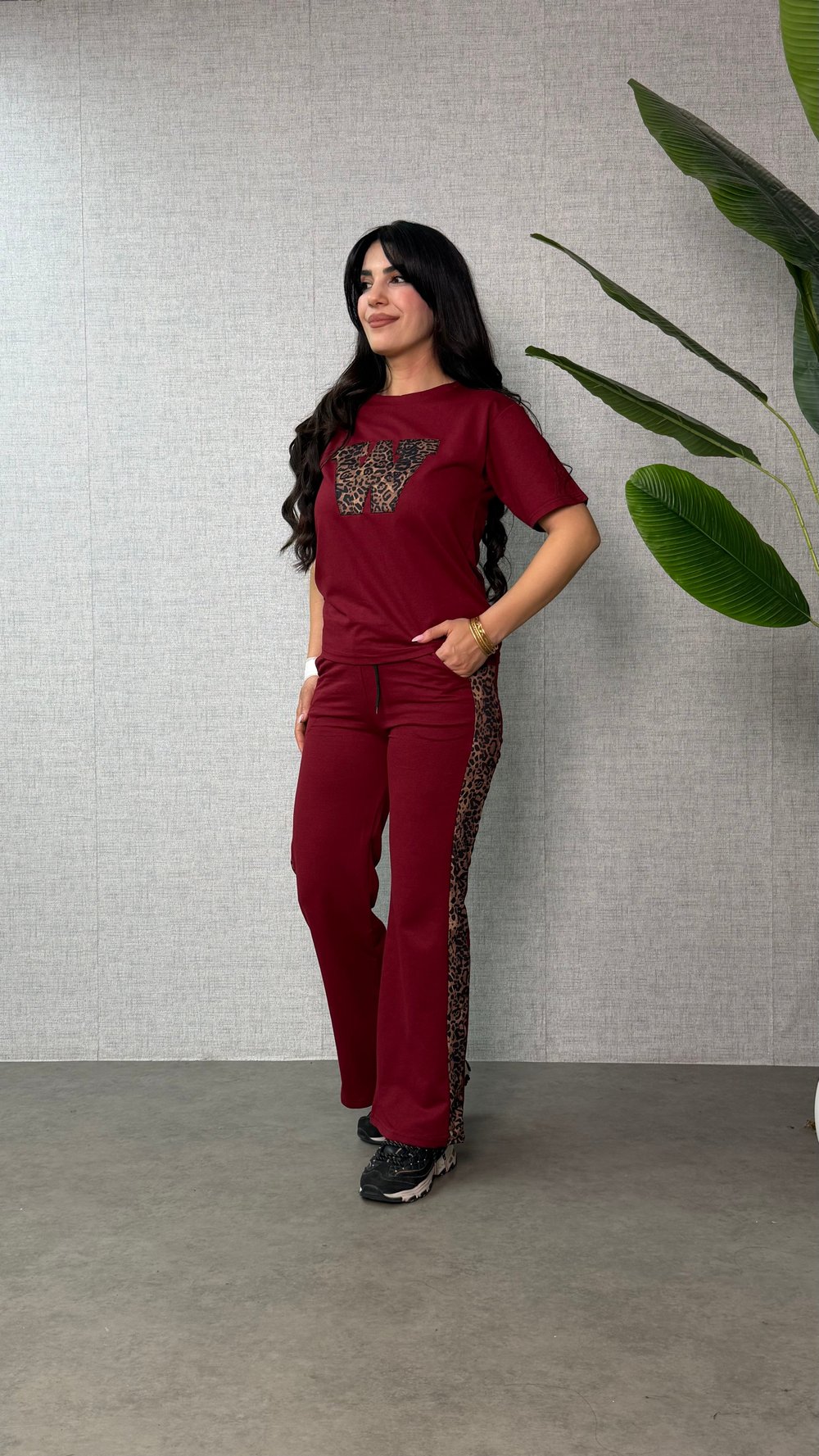 Nily Bordo Leopar Desenli İkili Takım