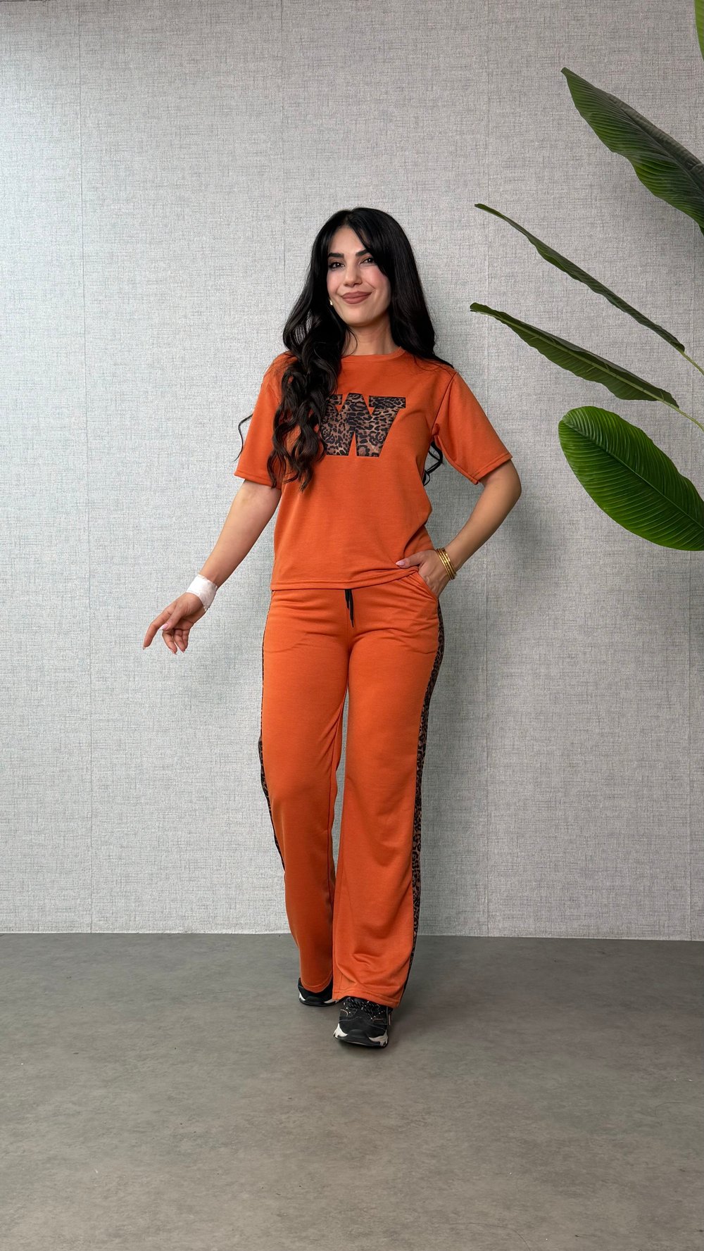 Nily Turuncu Leopar Desenli İkili Takım