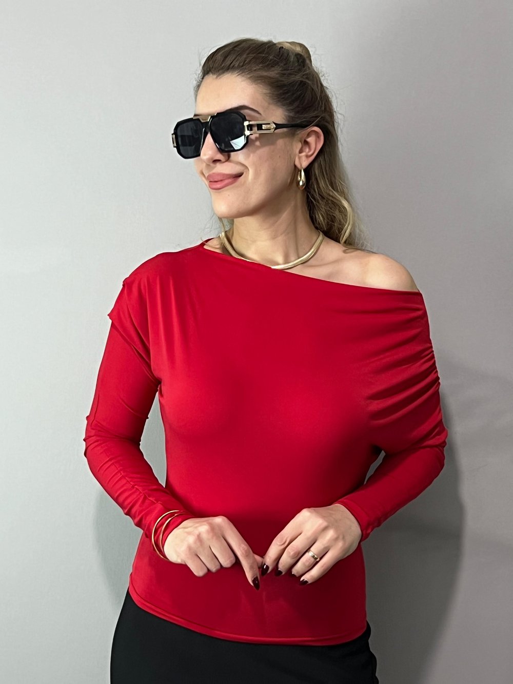 Nois Kırmızı Kayık Yaka Sandy Bluz